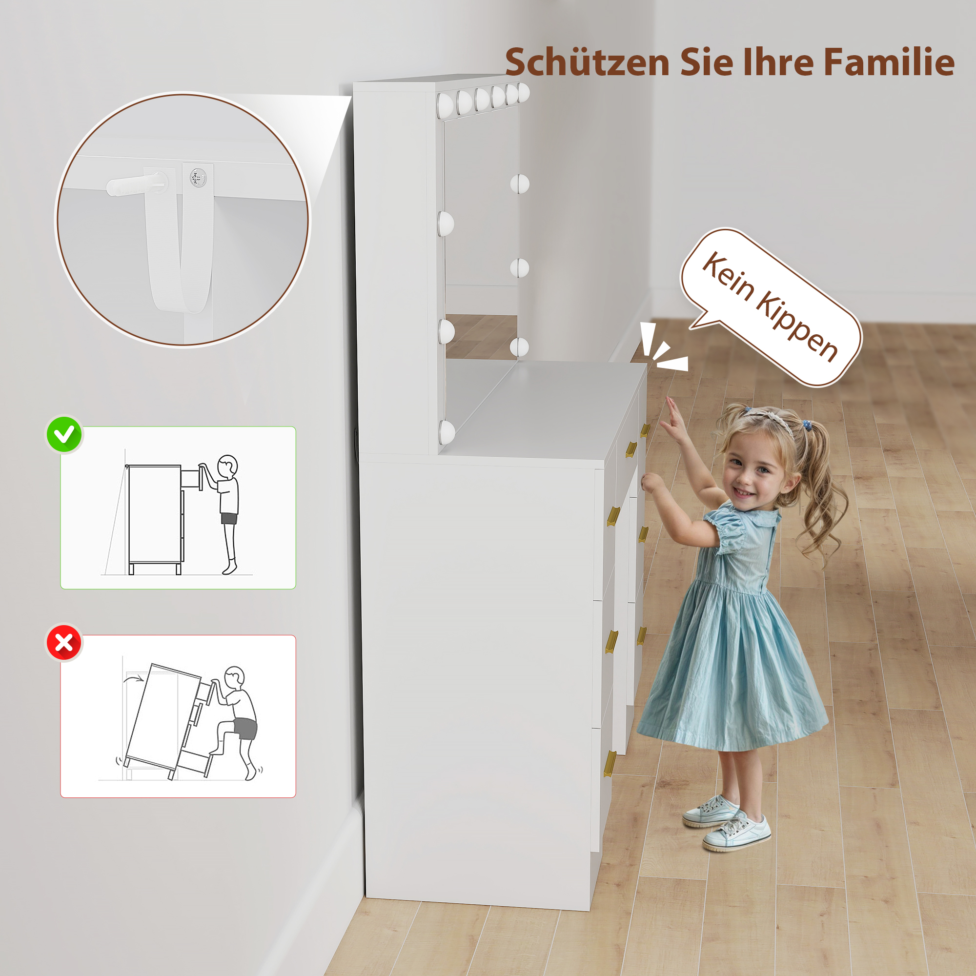 Schminktisch mit Spiegel und 12 LED-Lichtern, Frisiertisch mit 7 Schubladen, 6 versteckte Staufächer, Spanplatte, Weiß