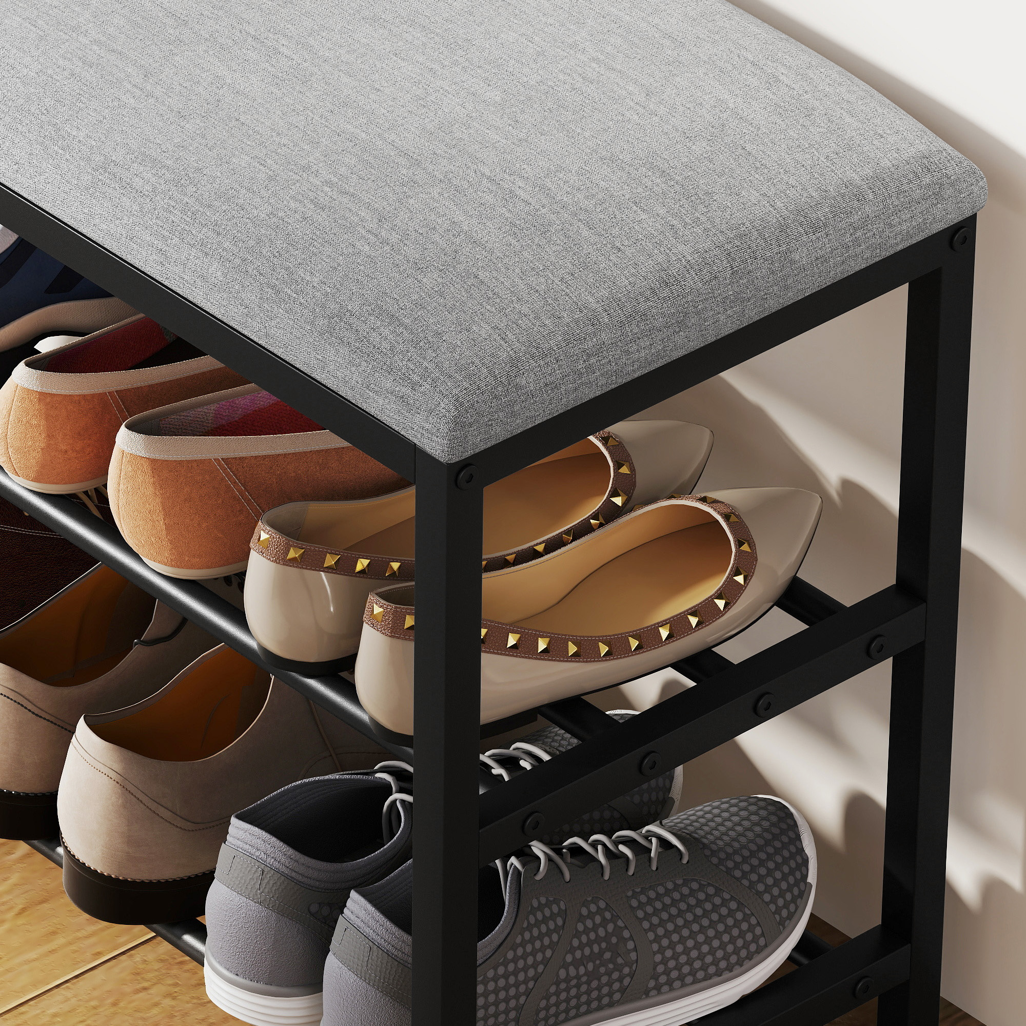 Schuhbank mit Sitzfläche, Sitzbank mit Stauraum, Schuhregal mit 2 offene Fächer, Sitzbank 81 x 31 x 50 cm Schwarz