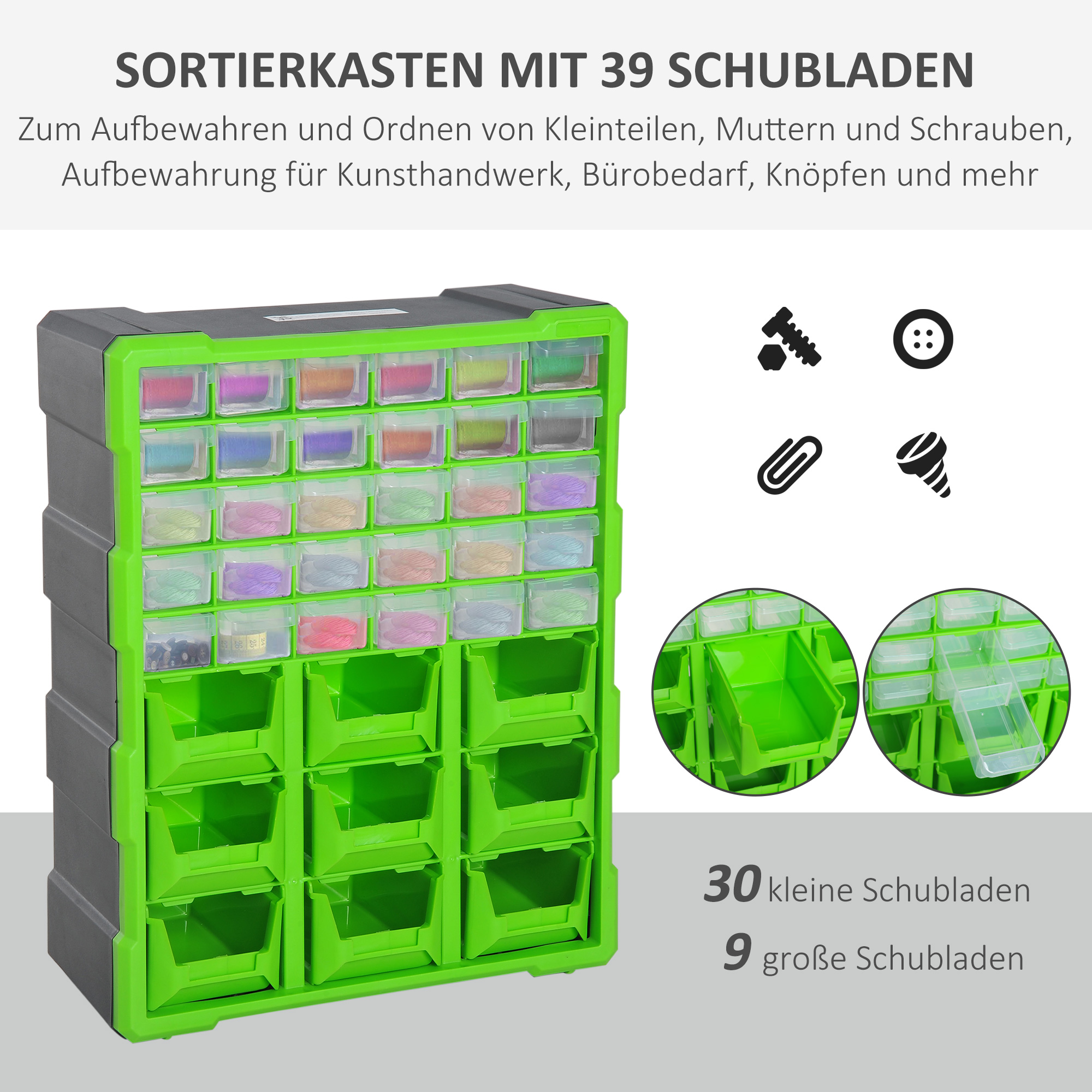 Sortierkasten Kleinteilemagazin Teile Box Aufbewahrungsbox 39 Fächer Grün L38 x B16 x H47,5 cm