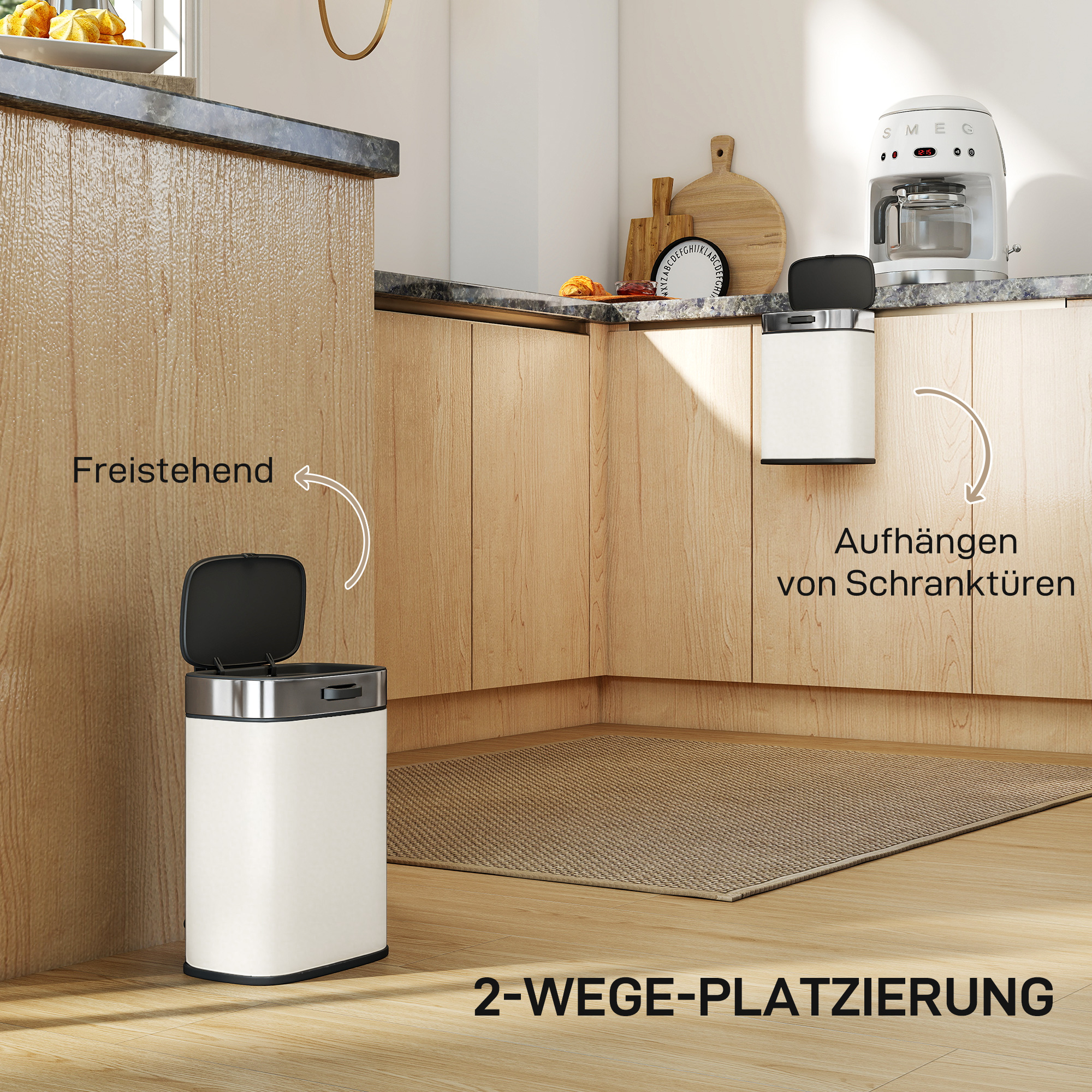 5L Mülleimer, freistehend oder hängend platzierbar, Edelstahl, Cremeweiß