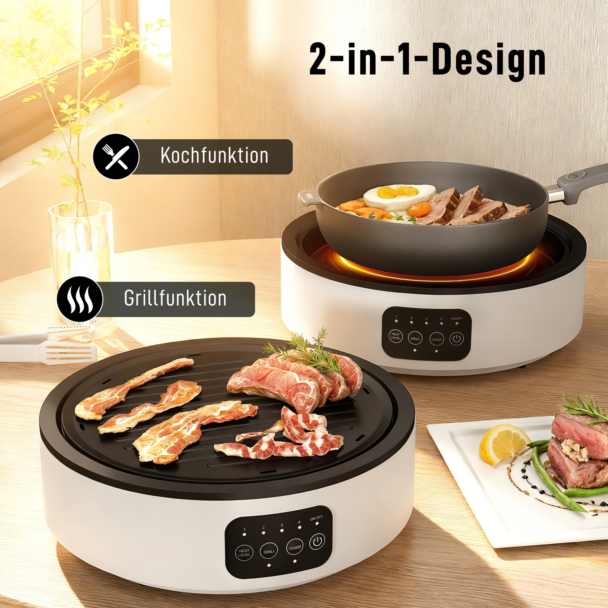 Dual-Keramikkochfeld, 2-in-1 Design, zum Kochen und Grillen, 2000W, 4 Hitzestufen, LED-Display, Fettfangschale, Weiß