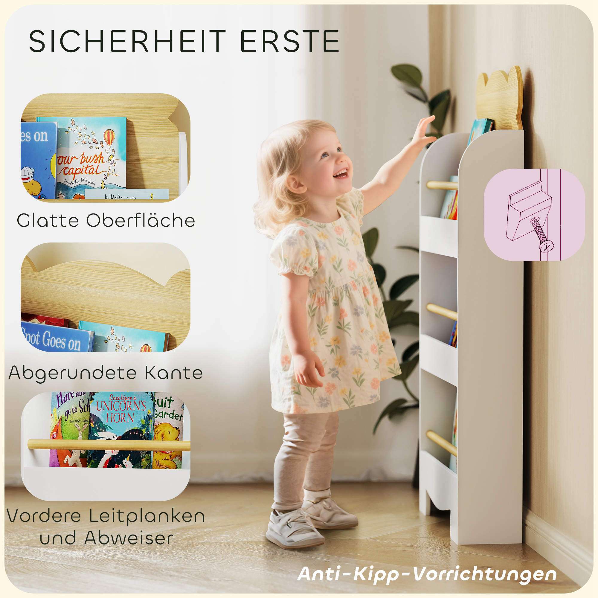 Bücherregal für Kinder Kinderregal mit 3 Ablagen Aufbewahrungsregal aus Holz 55x15x110cm Weiß