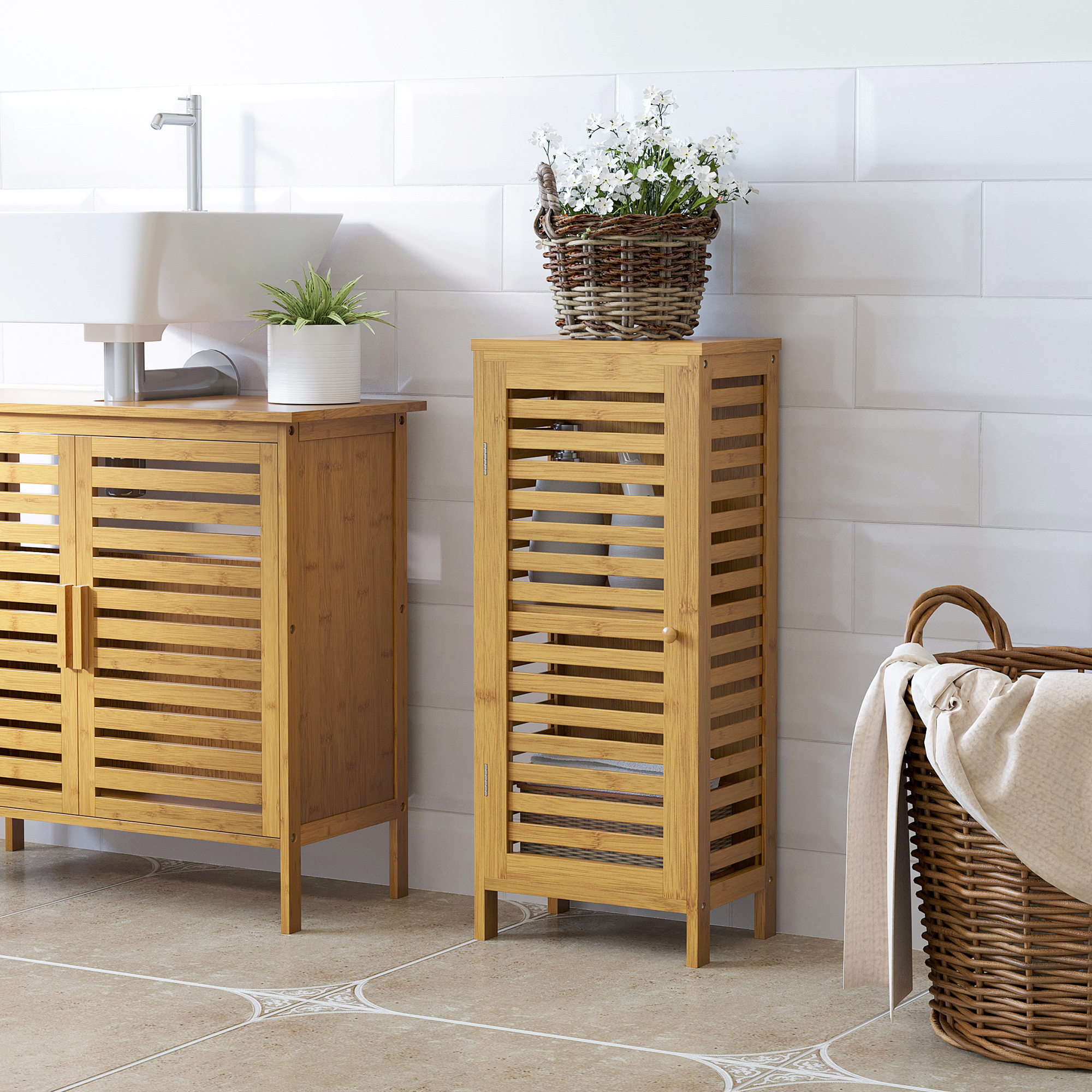 Badezimmerschrank mit Lamellentür, versetzbarem Einlegeboden, Naturbambus, 30x19,9x70 cm