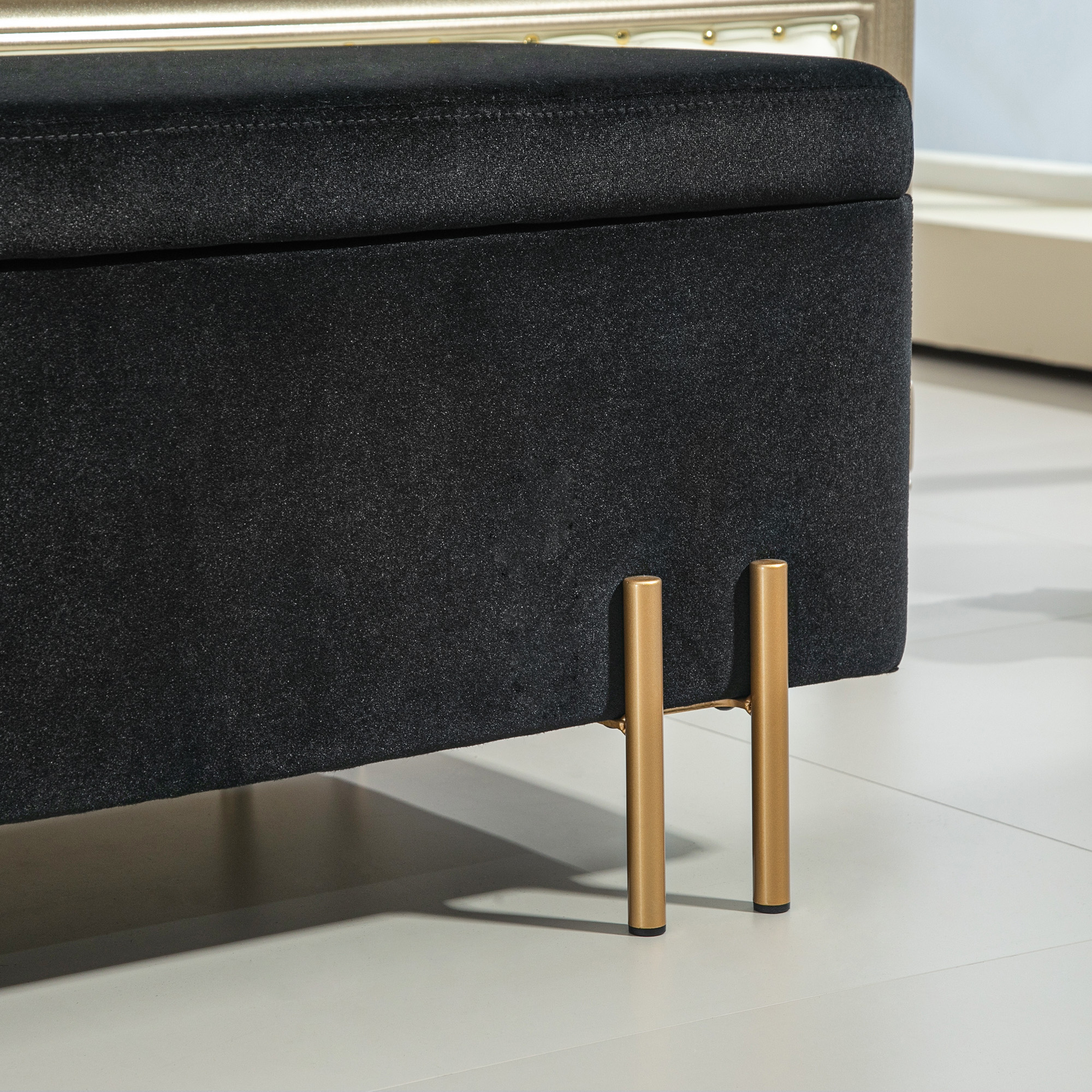 Sitzbank, Polsterbank mit Stauraum, Metall, Kautschukholz, Schaumstoff, 100 x 40 x 42 cm, Schwarz