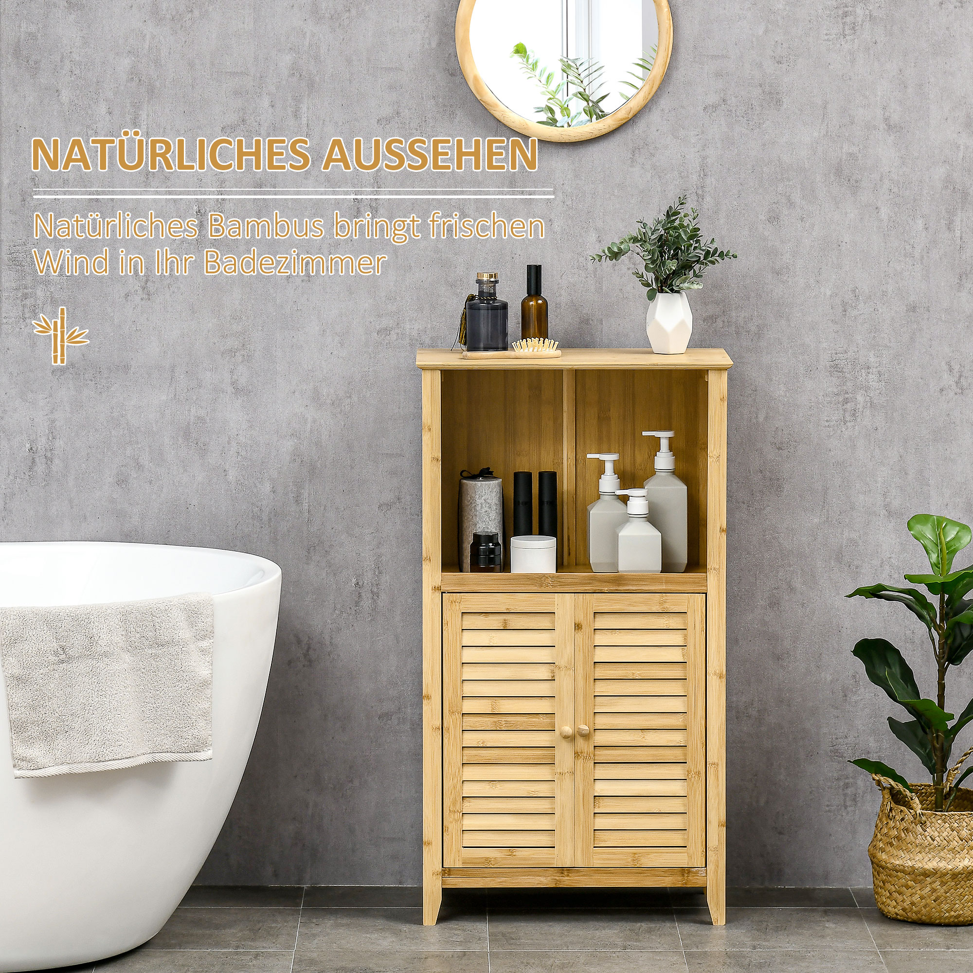 Badezimmerschrank Badschrank Standregal mit 2 Lamellentüren, offenem Regal, Bambus, Aufbewahrungsschrank Schrank für Badezimmer, Wohnzimmer 50 x 25,5 x 92cm Natur