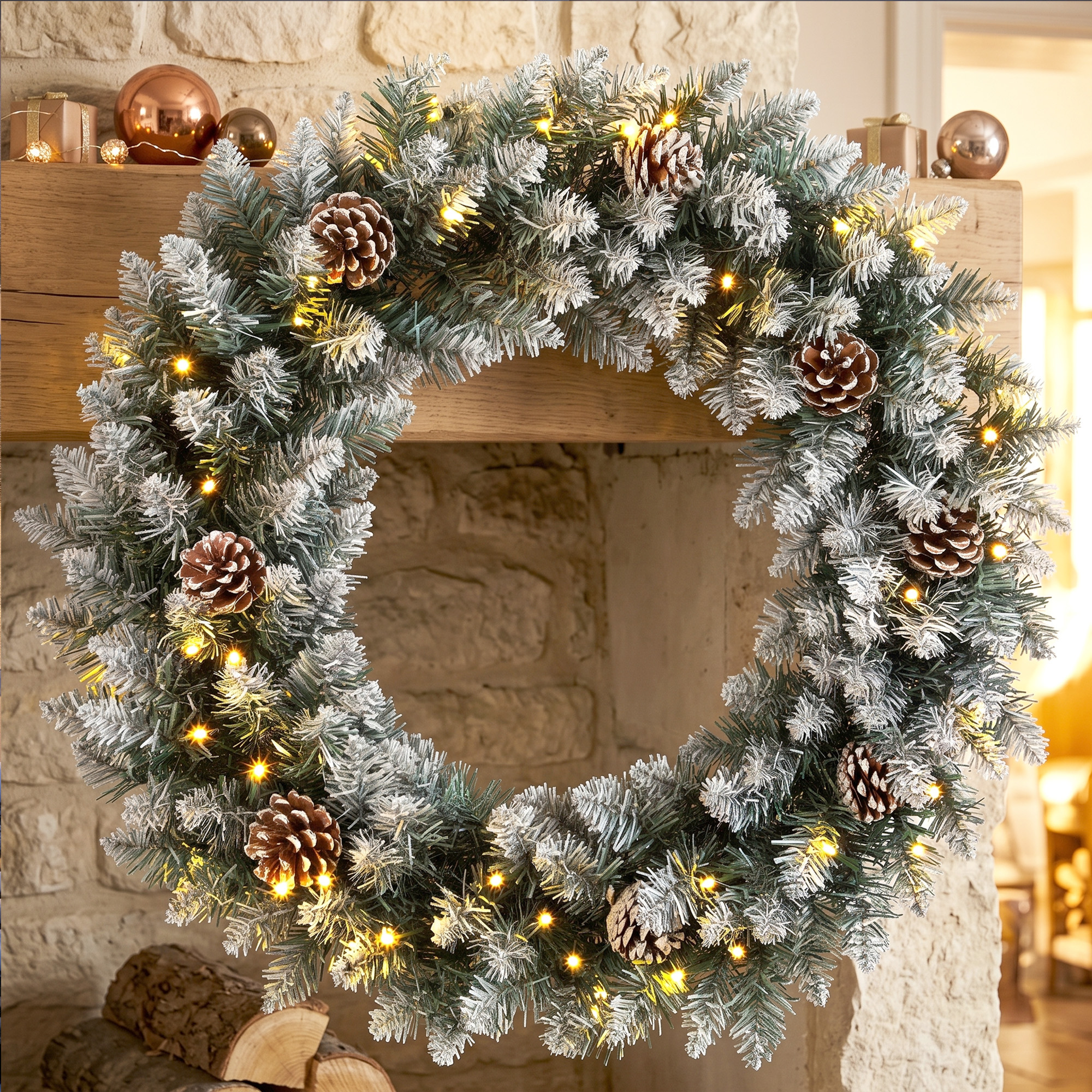 Weihnachtskranz 60 cm Beleuchtet Türkranz mit 50 LEDs Zapfen Kunstschnee für Weihnachten Advent Haustür