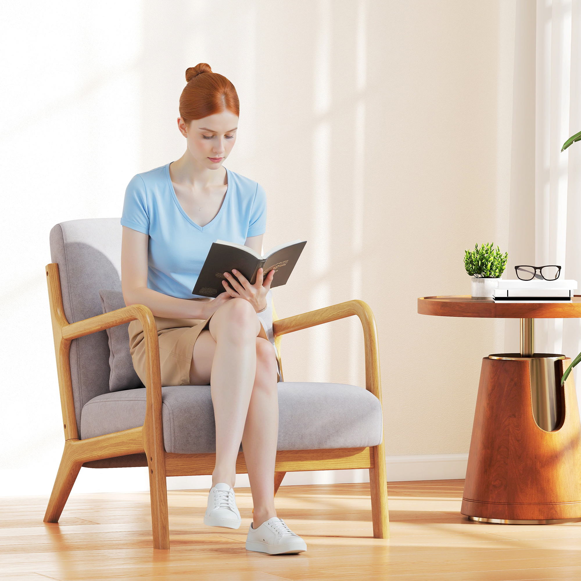 Eleganter Lounge-Sessel mit Holzrahmen und Schaumstoff-Polsterung, Samtoptik, für Wohnzimmer, Schlafzimmer, Grau