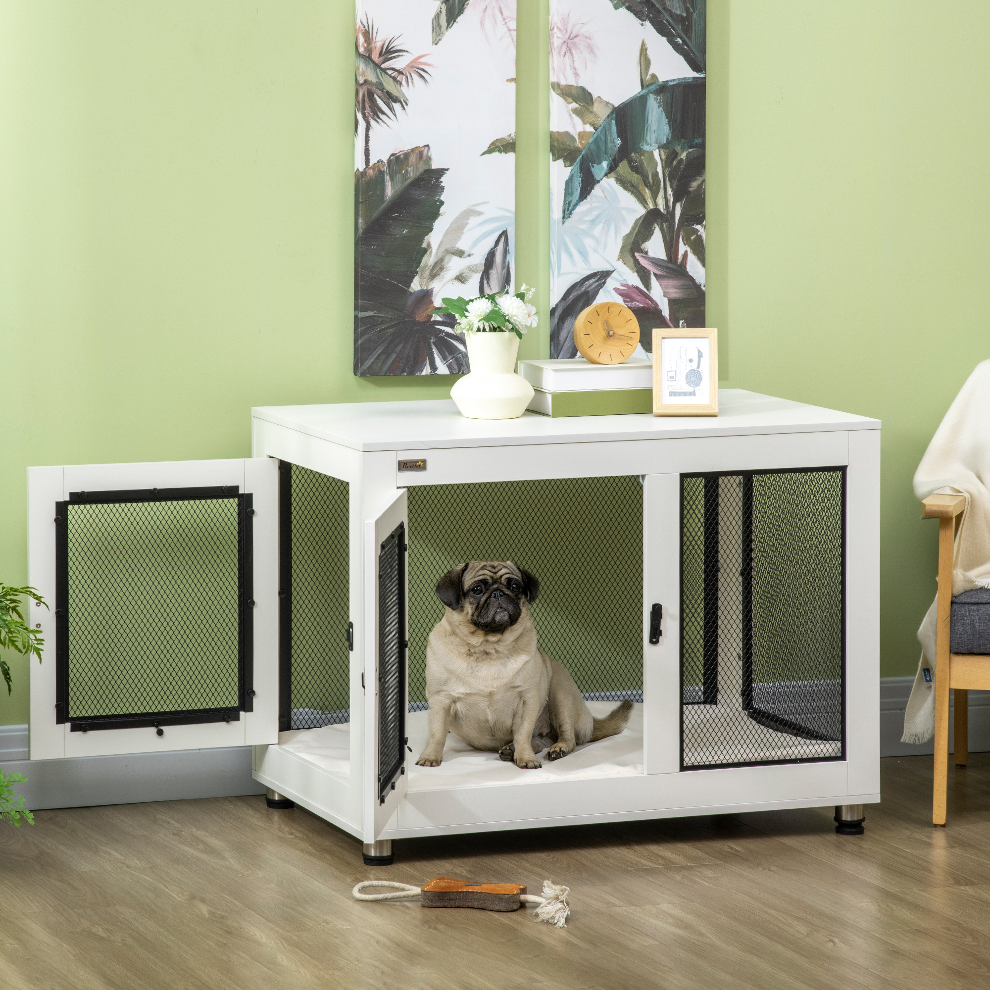 Hundebox, inkl. weicher Matte, 2 Türen, 2 Türen, verriegelbar, Stahl, Weiß, 94 x 60 x 71,5 cm