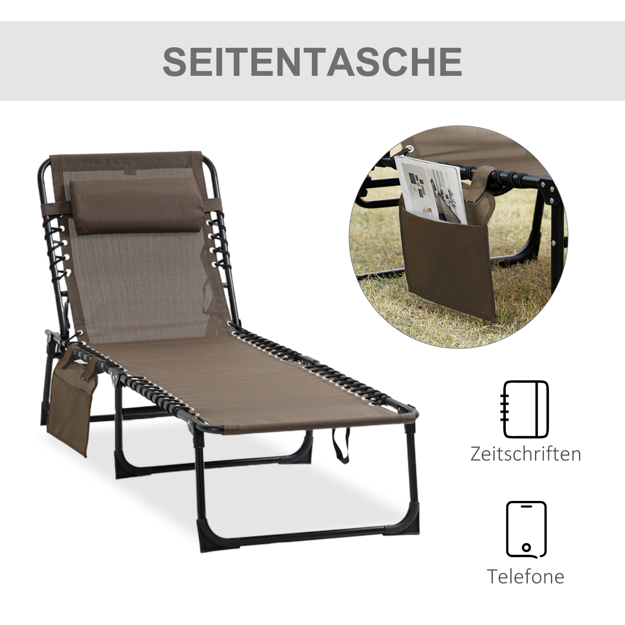 Liegestuhl, Zusammenklappbare Liege mit Nackenkissen, Stahlrahmen, Netzstoffbezug, 120 kg Belastbarkeit, Braun