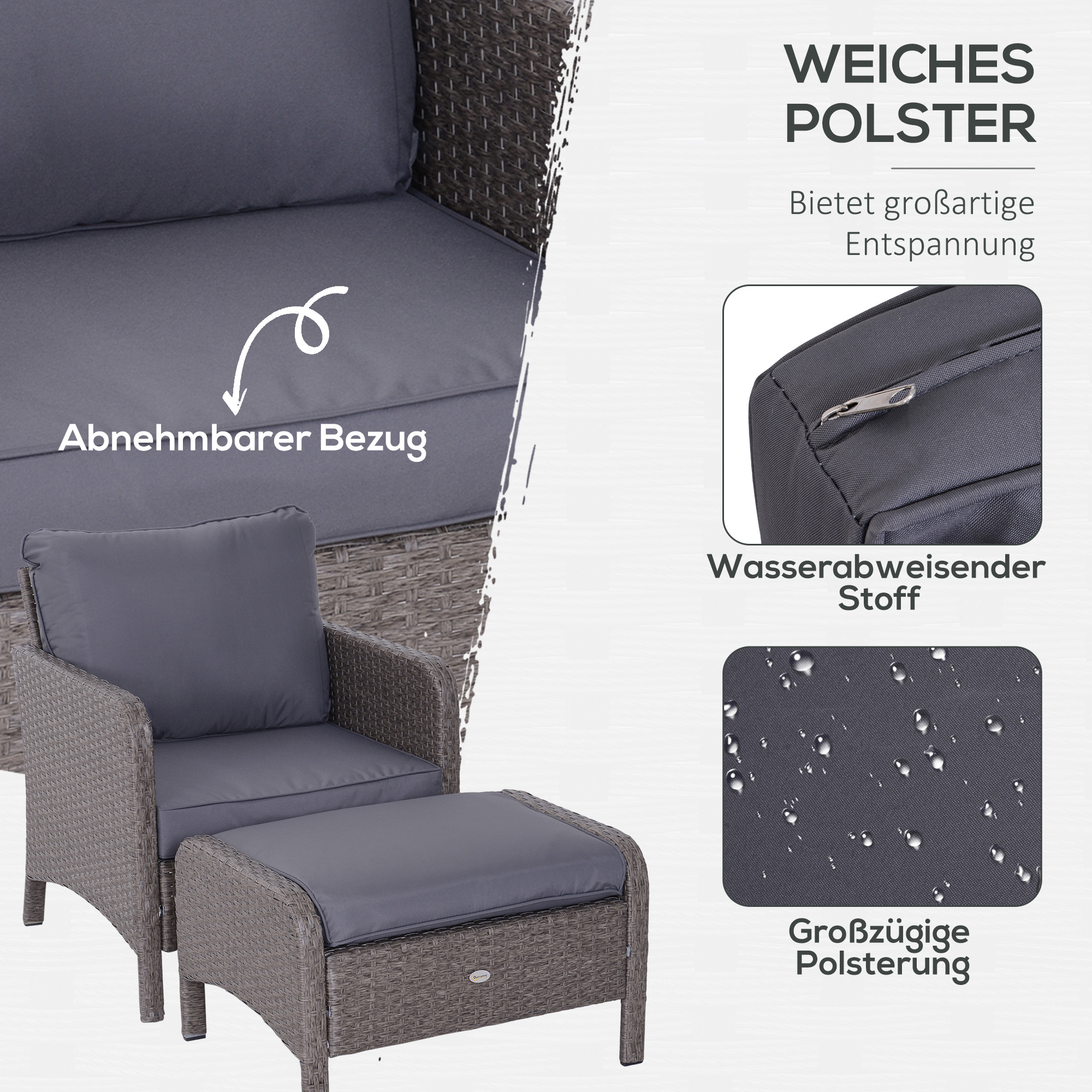 5-tlg, Polyrattan Gartenmöbel Sitzgruppe Gartenset Sofagarnitur Garnitur Lounge mit Kissen Dunkelgrau 2 x Sessel 1 x Couchtisch 2 x Hocker