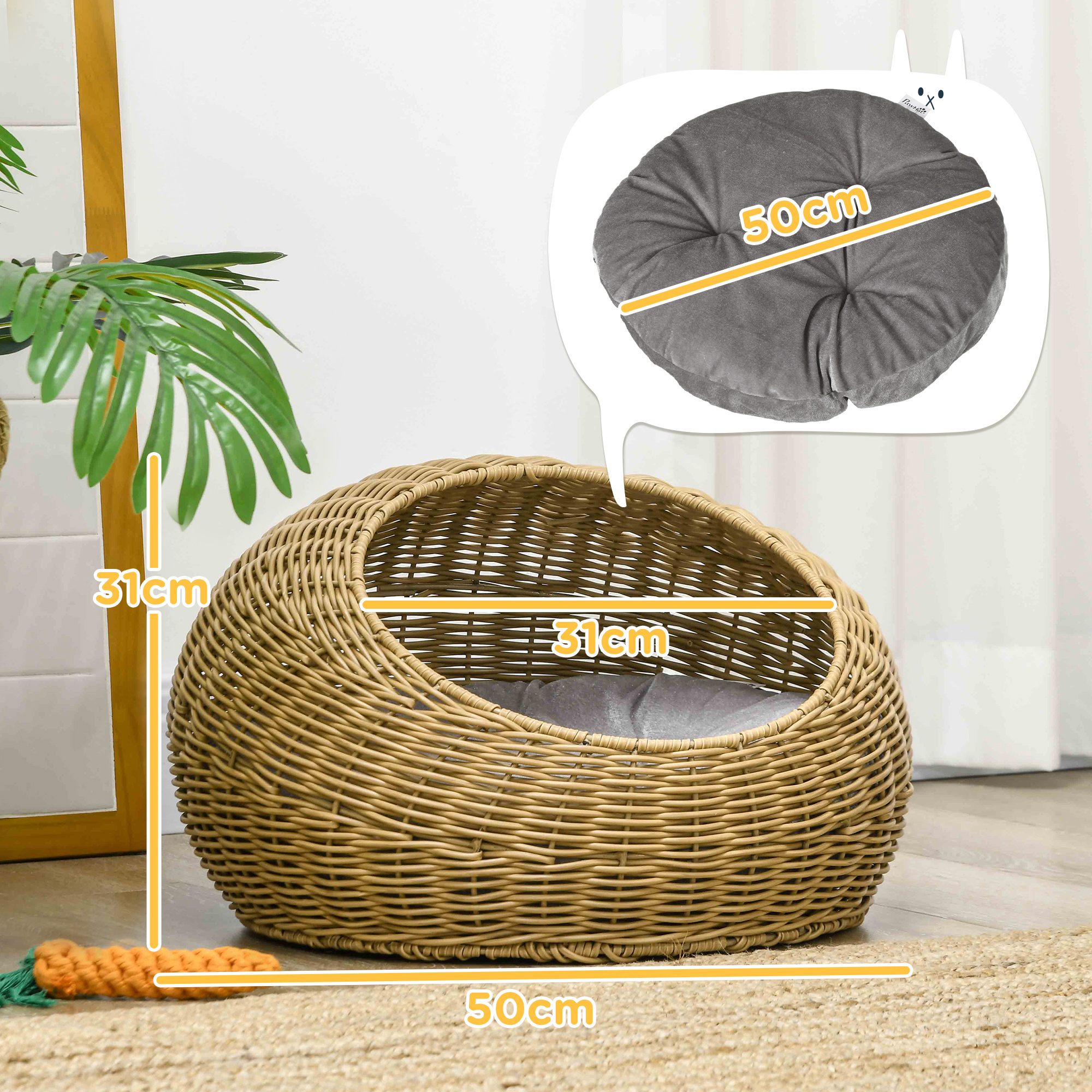 Katzenhöhle mit waschbarem Kissen, für Tiere bis 4 kg, Indoor, Kunst-Rattan, Ø50 x 31 cm, Hellbraun