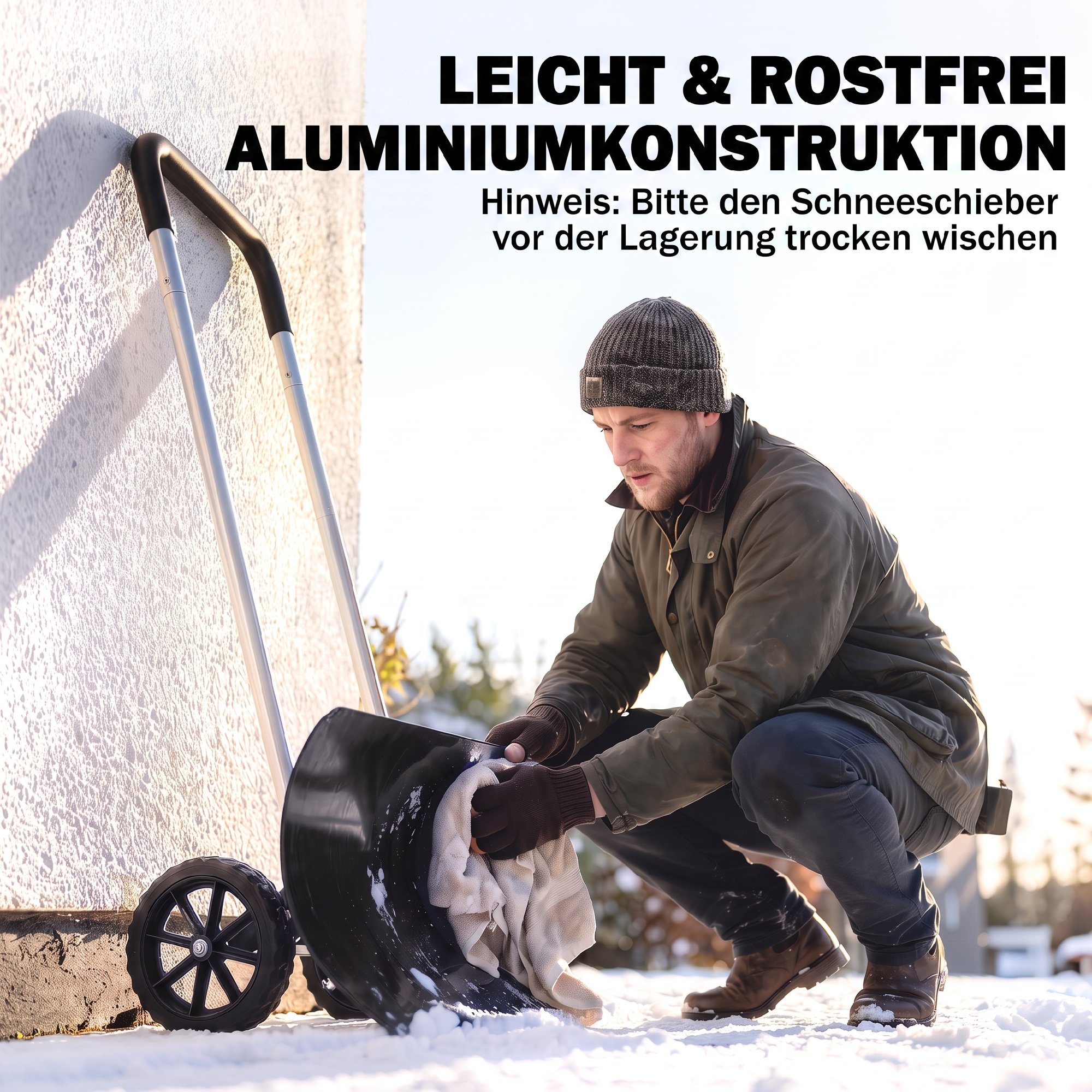 Schneeschieber groß 95 cm extra breit Aluminium Schneeschaufel mit Rädern verstellbar & rutschfest Griff, angewinkelt
