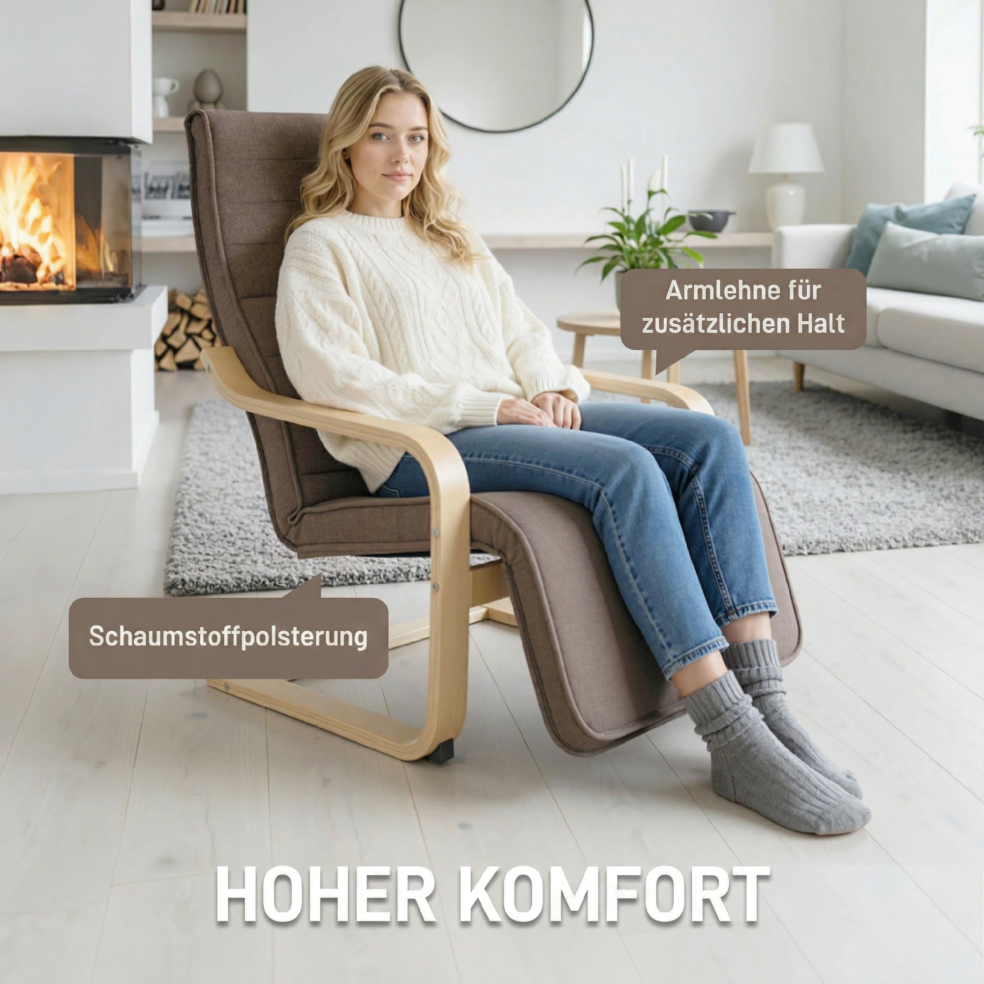 Akzentsessel, Relaxsessel mit verstellbarem Fußteil, Birkenholzrahmen, bis 120 kg, 66,5 x 94 x 100 cm, Braun