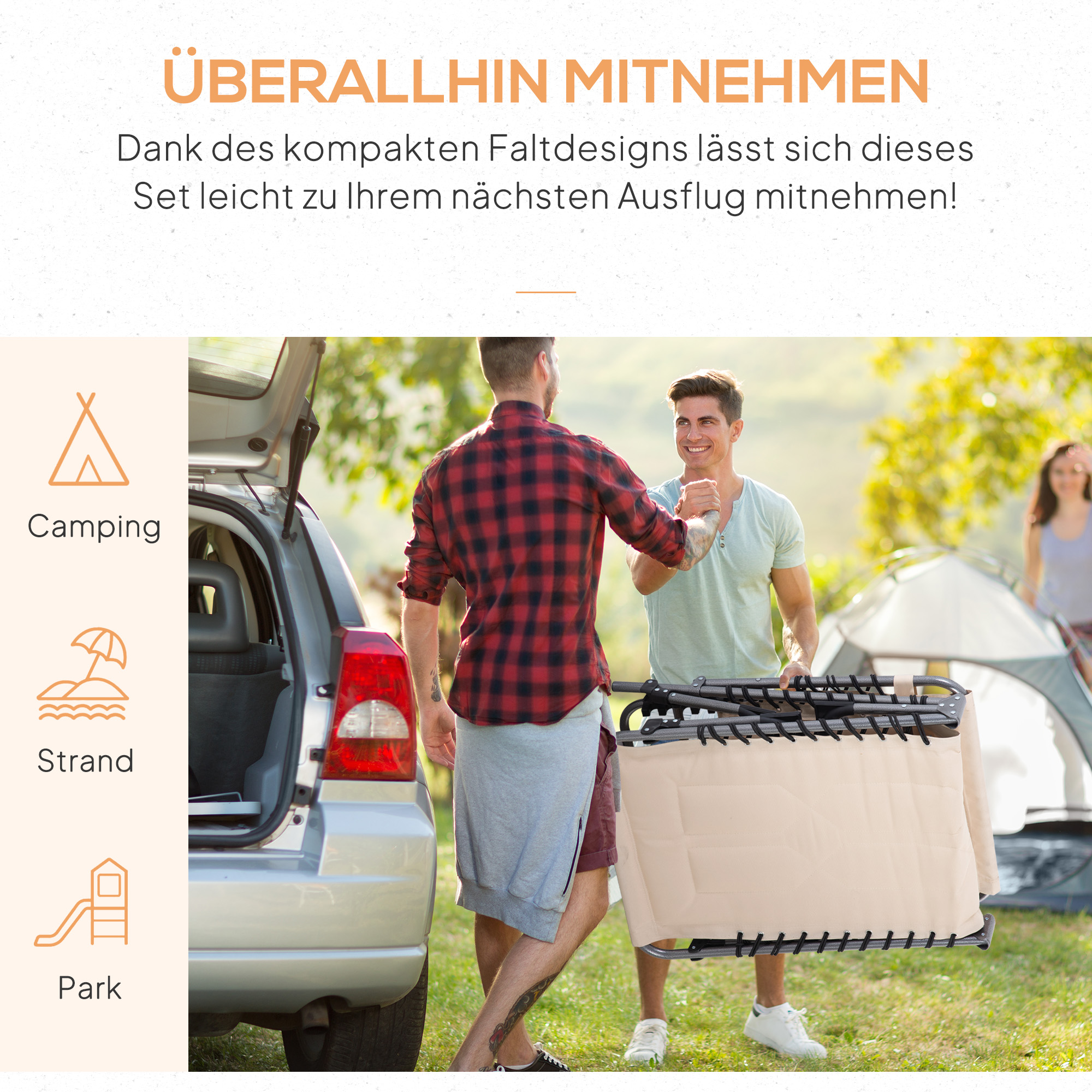 Sonnenliege, Faltbare Gartenliege, Klappliege mit Kissen, 5-stufige Rückenlehne, Oxfordstoff, 188 x 57 x 30 cm, Beige