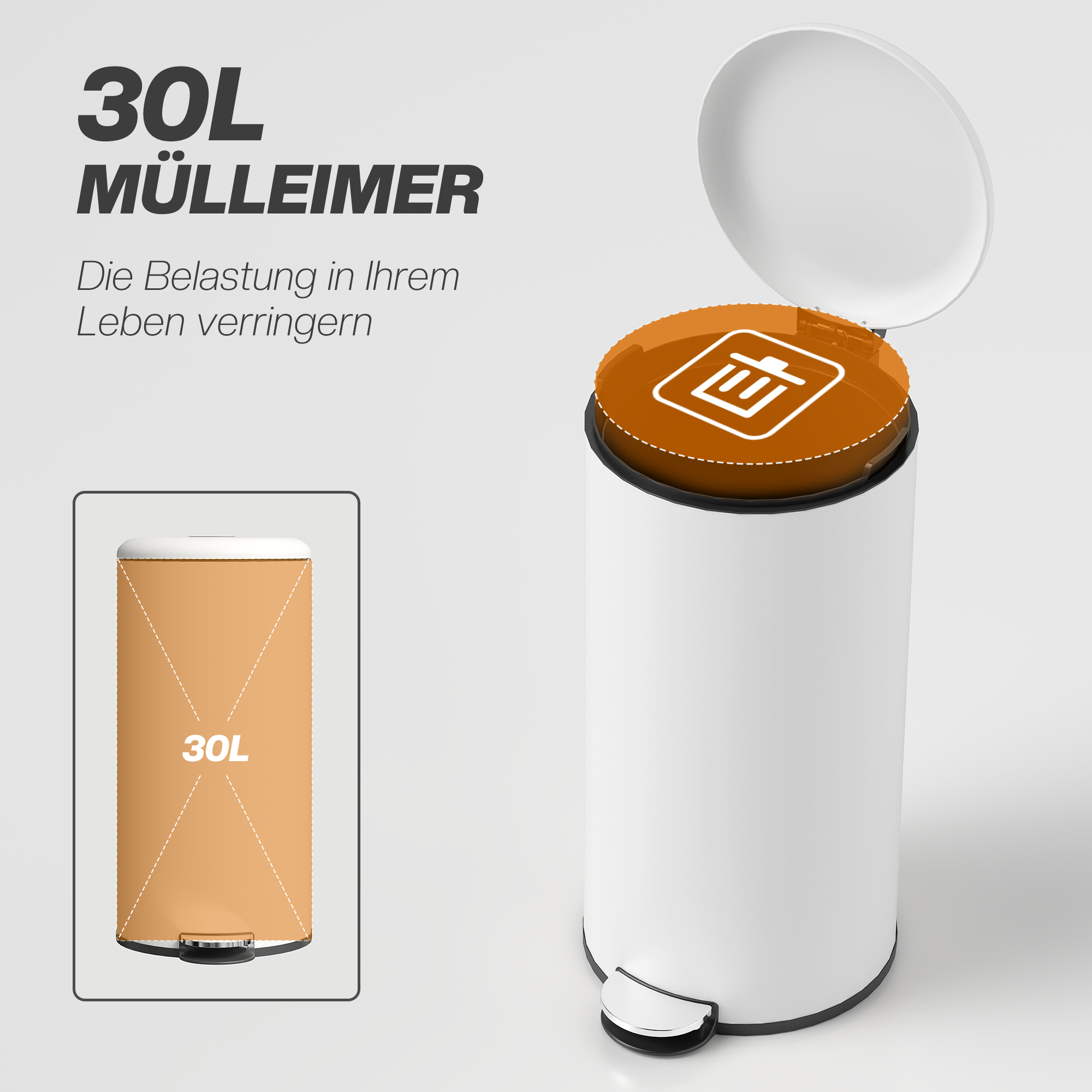 Mülleimer 30L, Treteimer, einrastbarer Deckel, Pedal, fleckenresistent, Cremeweiß