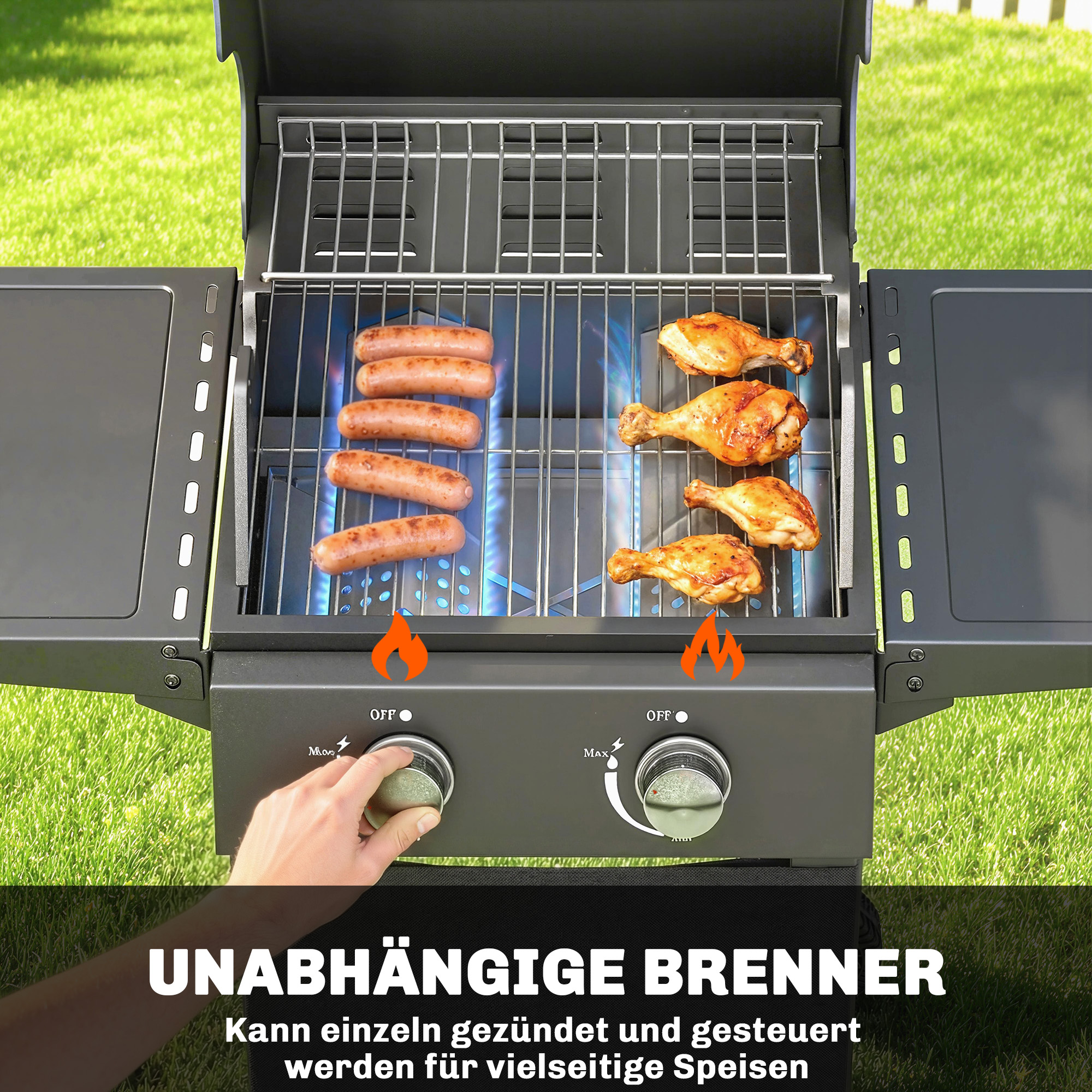 Gasgrill 5,4 KW 2 Brenner Stahl BBQ Grillwagen inkl klappbar Seitentisch Thermometer verchromter Grillrost Warmhalterost