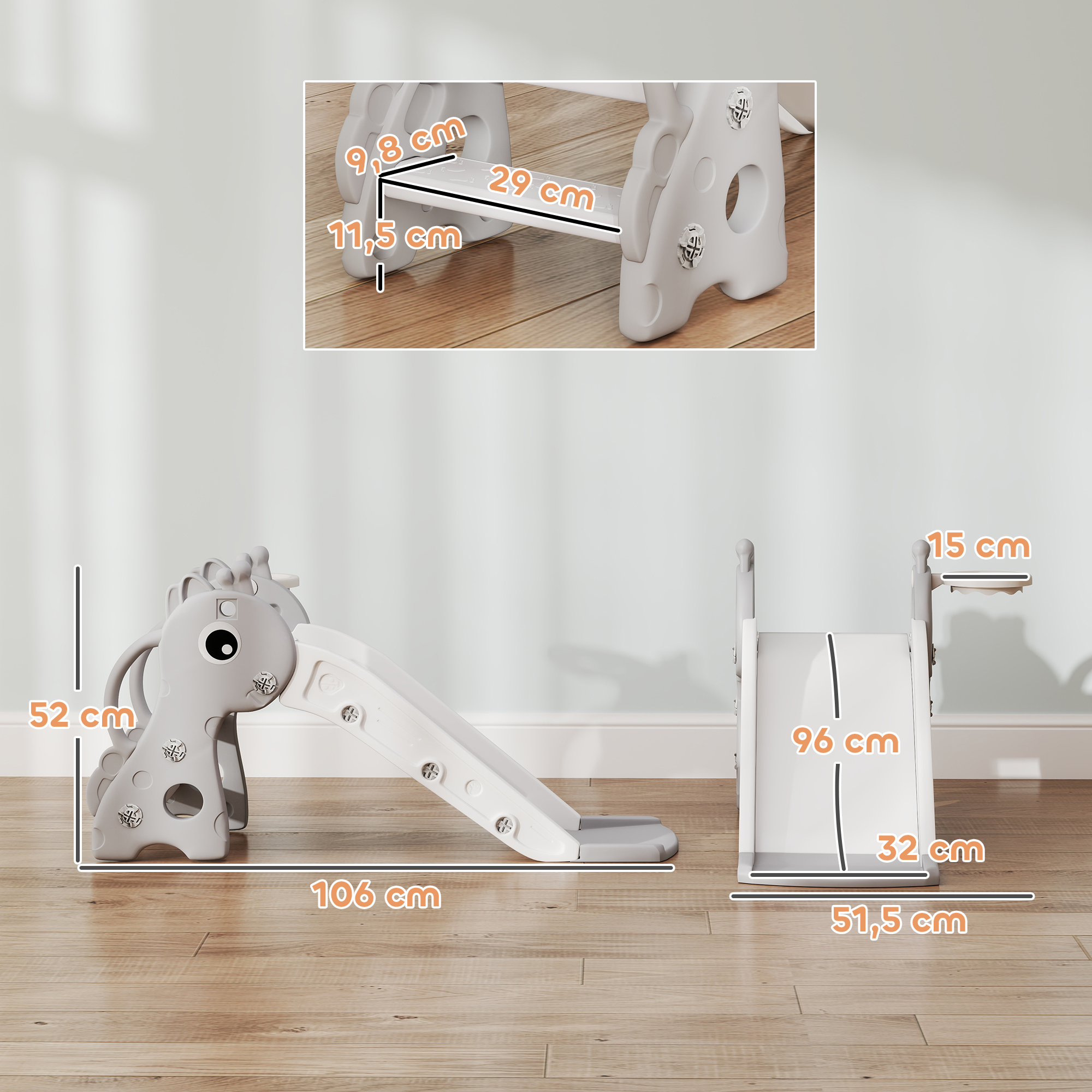 3-in-1 Rutsche für Kinder, Giraffenform, Basketballkorb, Ball, Grau