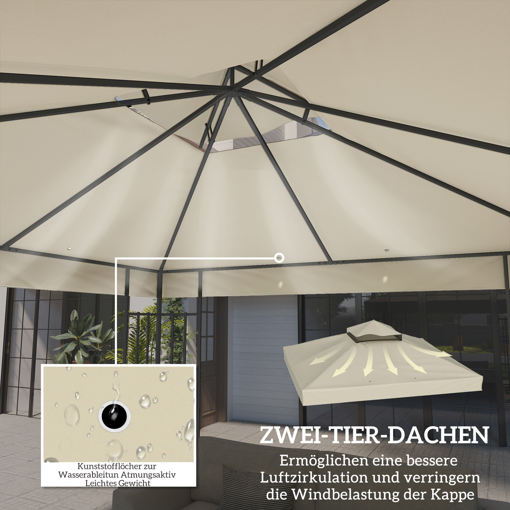 3 x 3 m Ersatzdach für Pavillon, Pavillon-Ersatzplane mit Wasserablauf-Löchern, UPF30+, Sonnenschutz, Cremeweiß