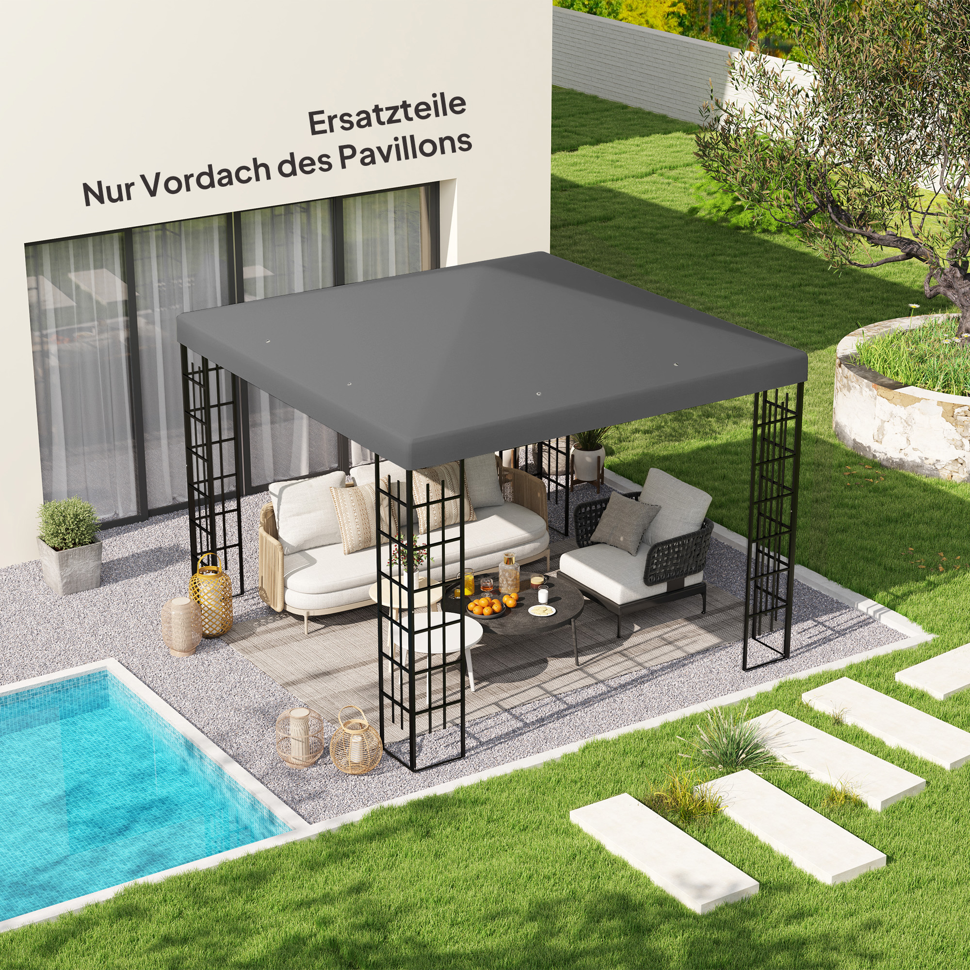 3 x 3 m Ersatzplane für Pavillon, Plane für Garten-Pavillon, mit Wasserablauföffnungen, UPF30+, Dunkelgrau