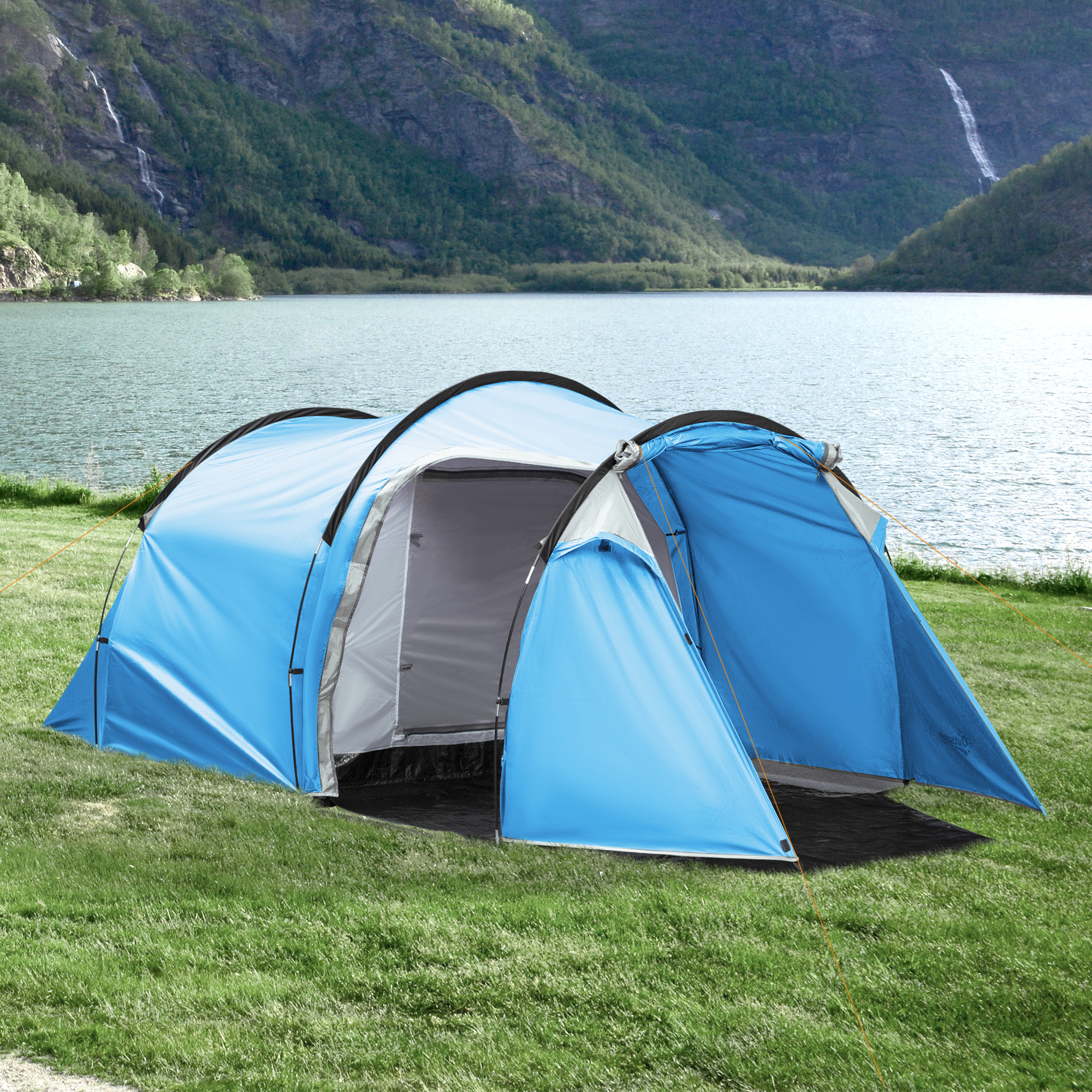 Campingzelt, Wurfzelt für 2-3 Personen, Vorraum & Schlafbereich, wasserdicht, 426 x 206 x 154 cm, Hellblau