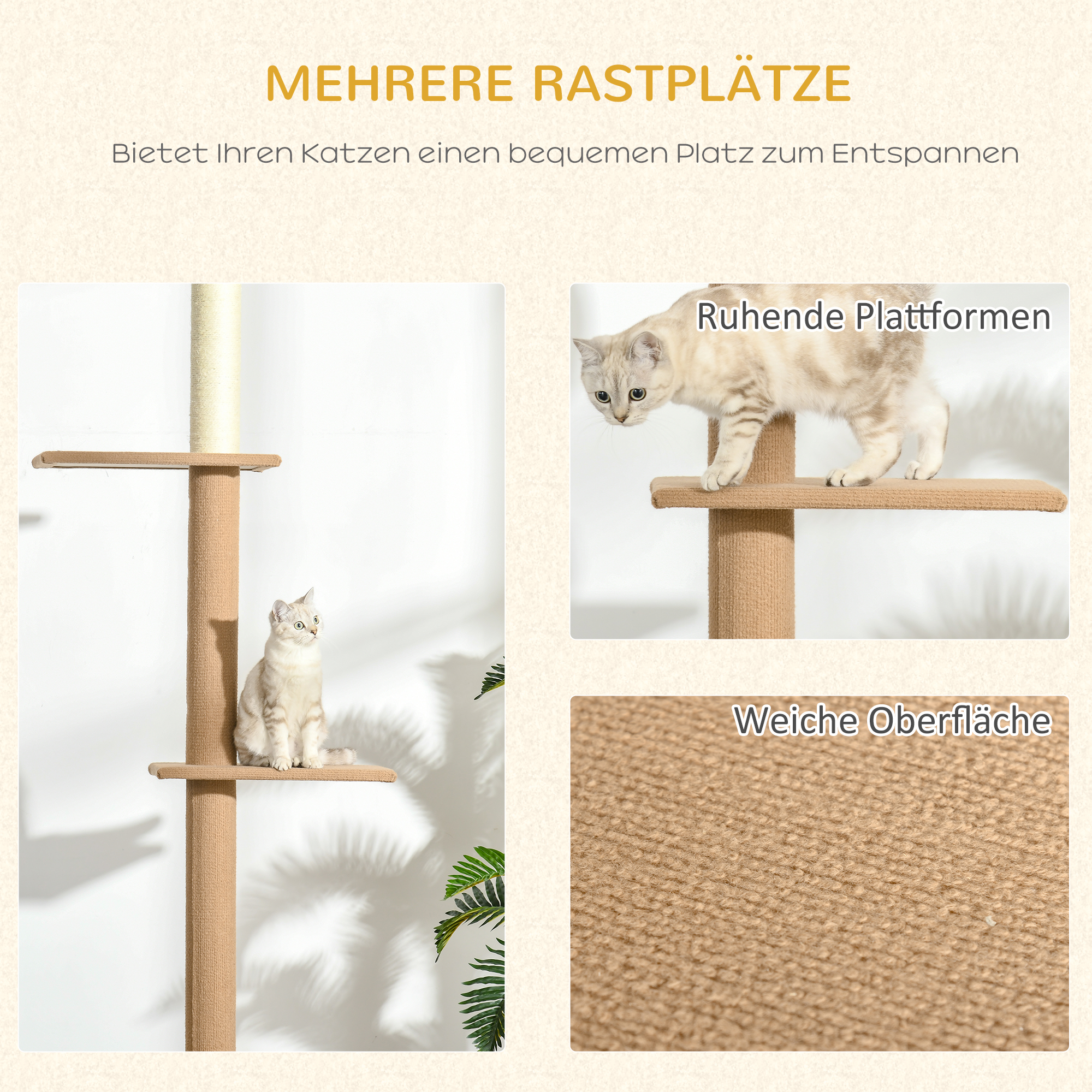 Kratzbaum Deckenhoch, 228-260 cm Höhenverstellbarer Katzenbaum Kletterbaum für Katzen mit 3 Ebenen, Katzenkratzbaum, Spielbaum vom Boden bis zur Decke Khaki