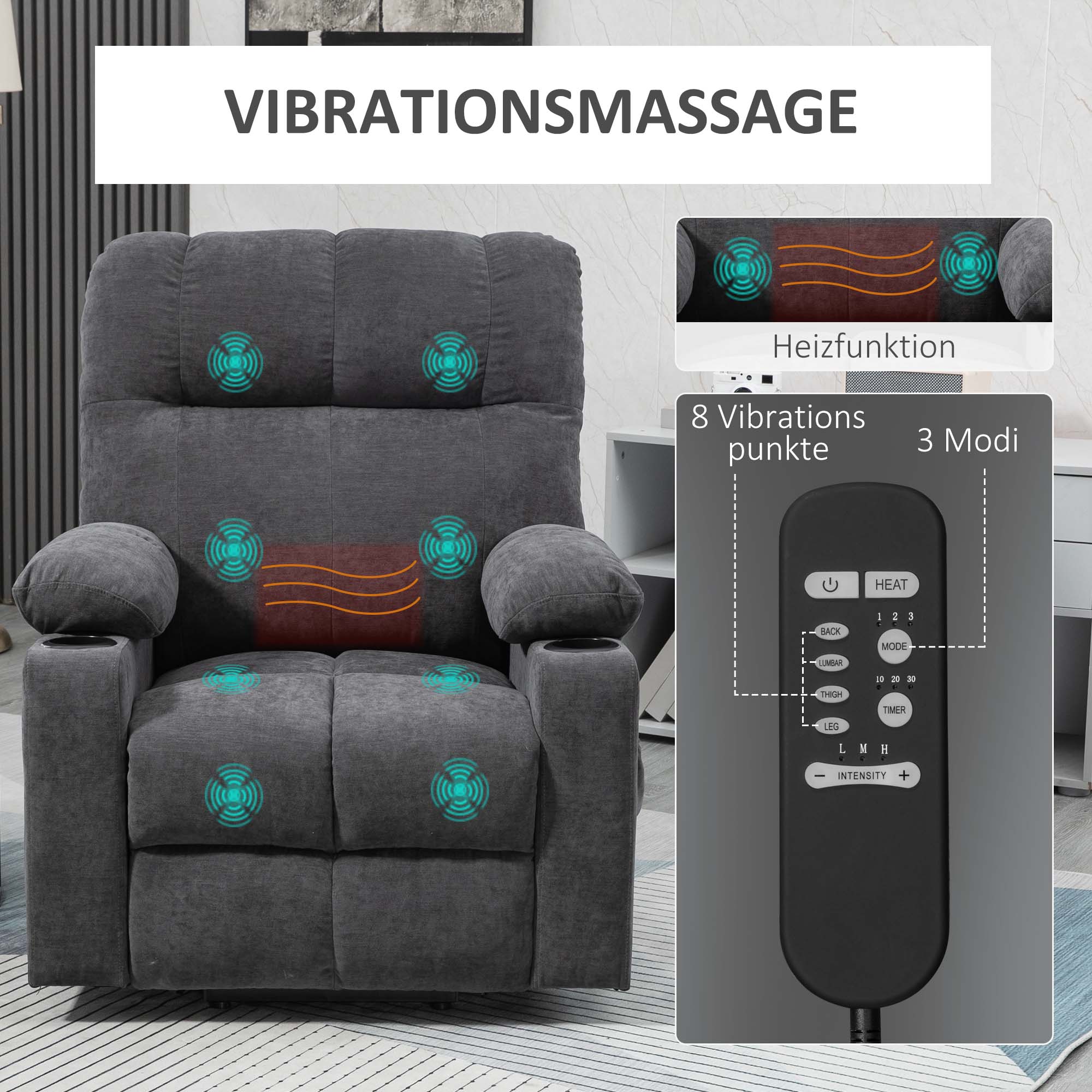 Aufstehhilfe Seniorensessel, Liegefunktion, inkl. Fernbedienung, 144 cm x 91 cm x 88 cm, Dunkelgrau