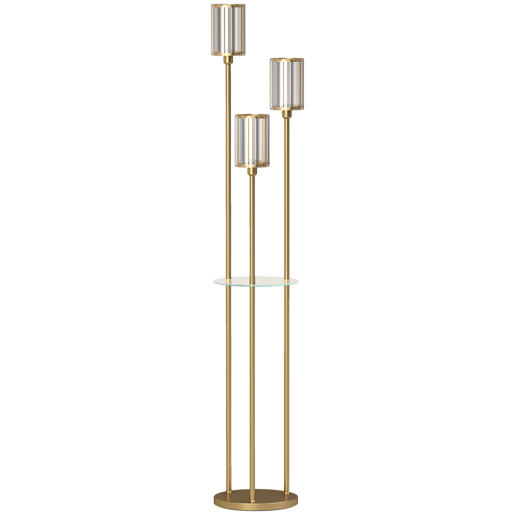 Stehlampe mit Regal mit 3-flammigen Glasschirmen Stehleuchte mit Glastisch 177 cm Gold