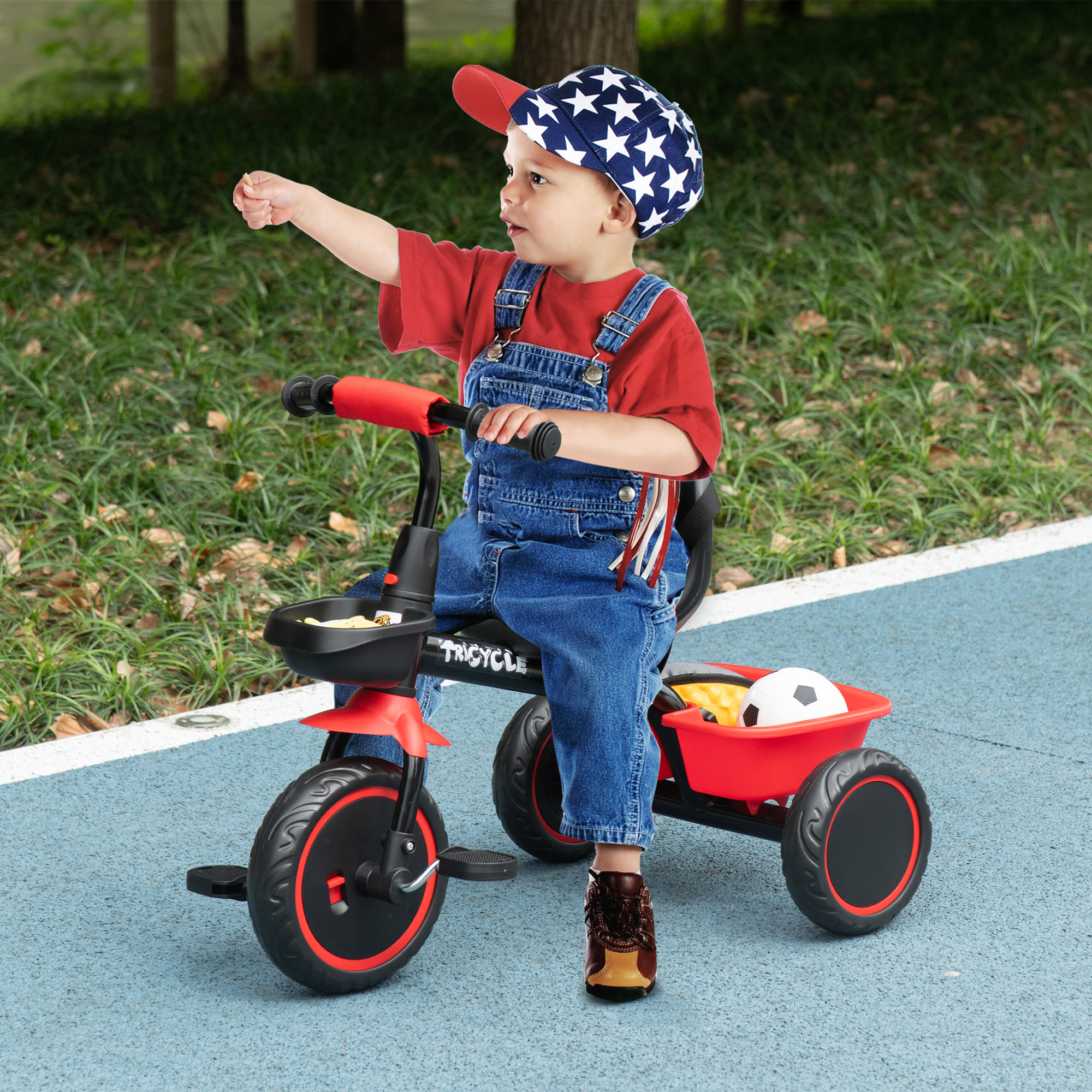 Kinderdreirad mit Beckengurt, 2 Körben, höhenverstellbarer Sitz, Metallrahmen, für Kinder 2-5 Jahre, schwarz+rot
