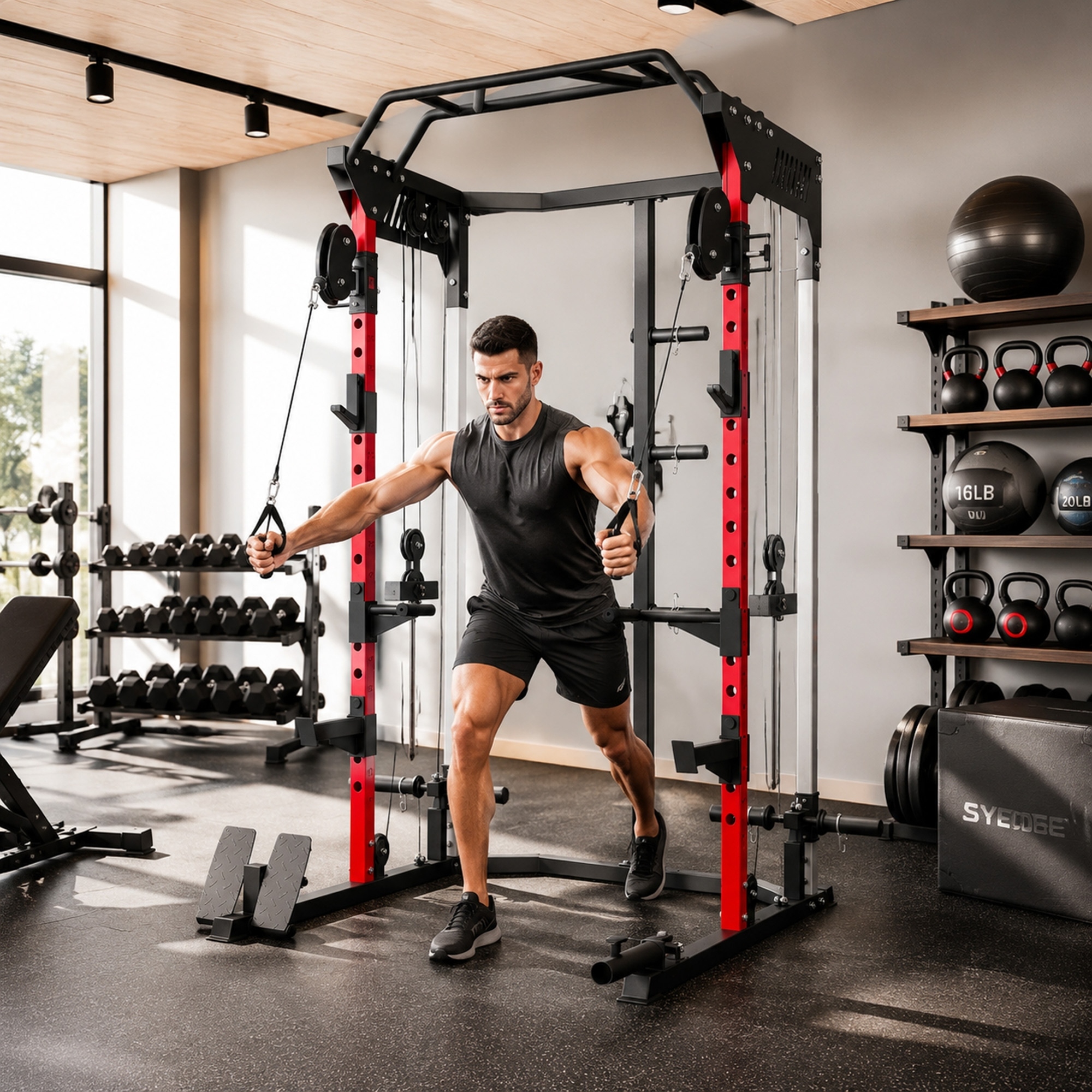 Power Cage Smith Machine, Power Rack mit verstellbarem Kabelzugsystem, multifunktional bis 300kg