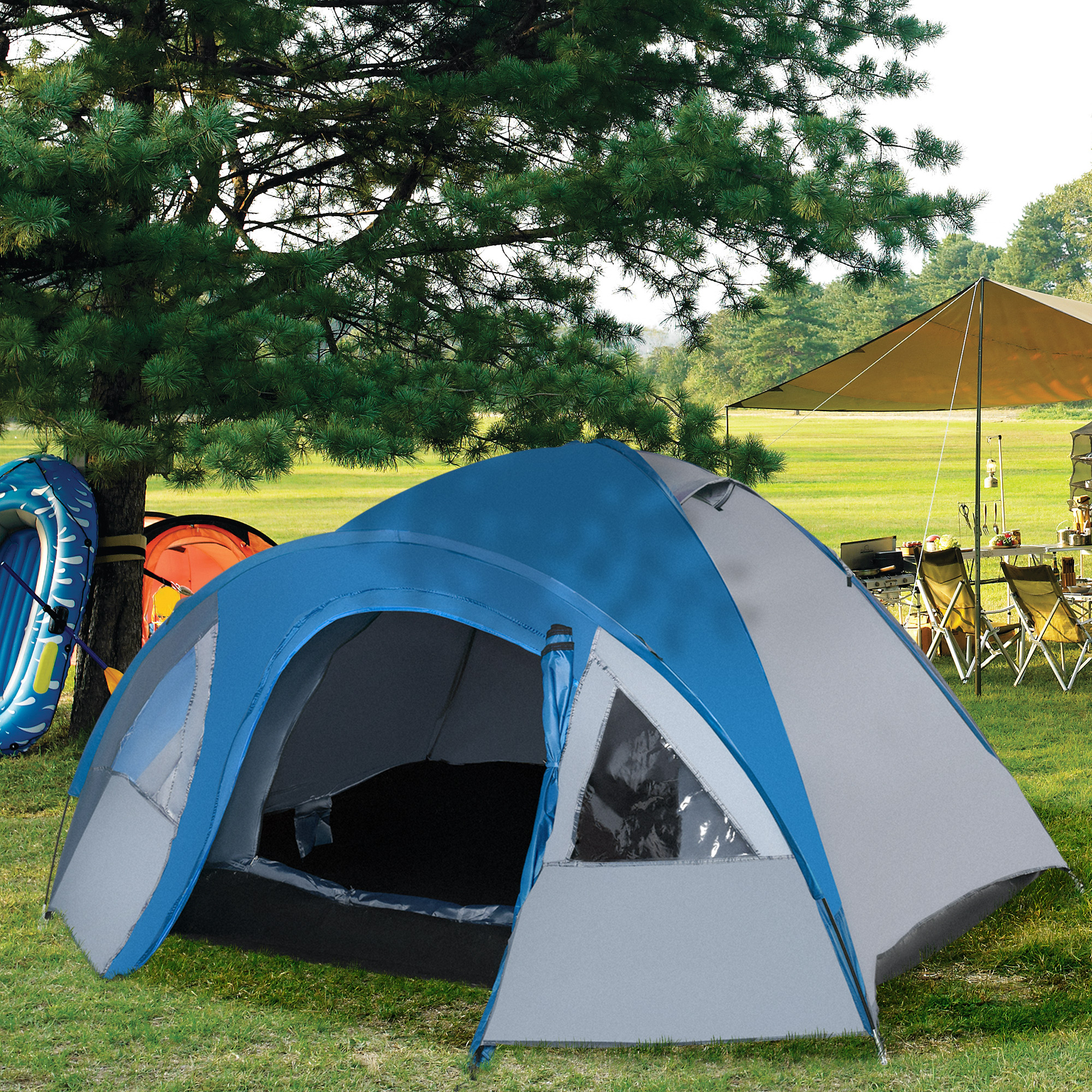 Campingzelt für 4 Personen ganzjährig nutzbar 3,00 x 2,50 x 1,30m Blau+Grau