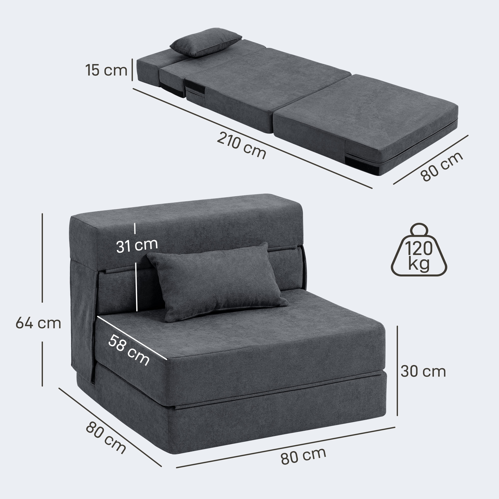 Bodensofa, Polstercouch, in Matratze umwandelbar, Schaumstoff, Kissen, Dunkelgrau