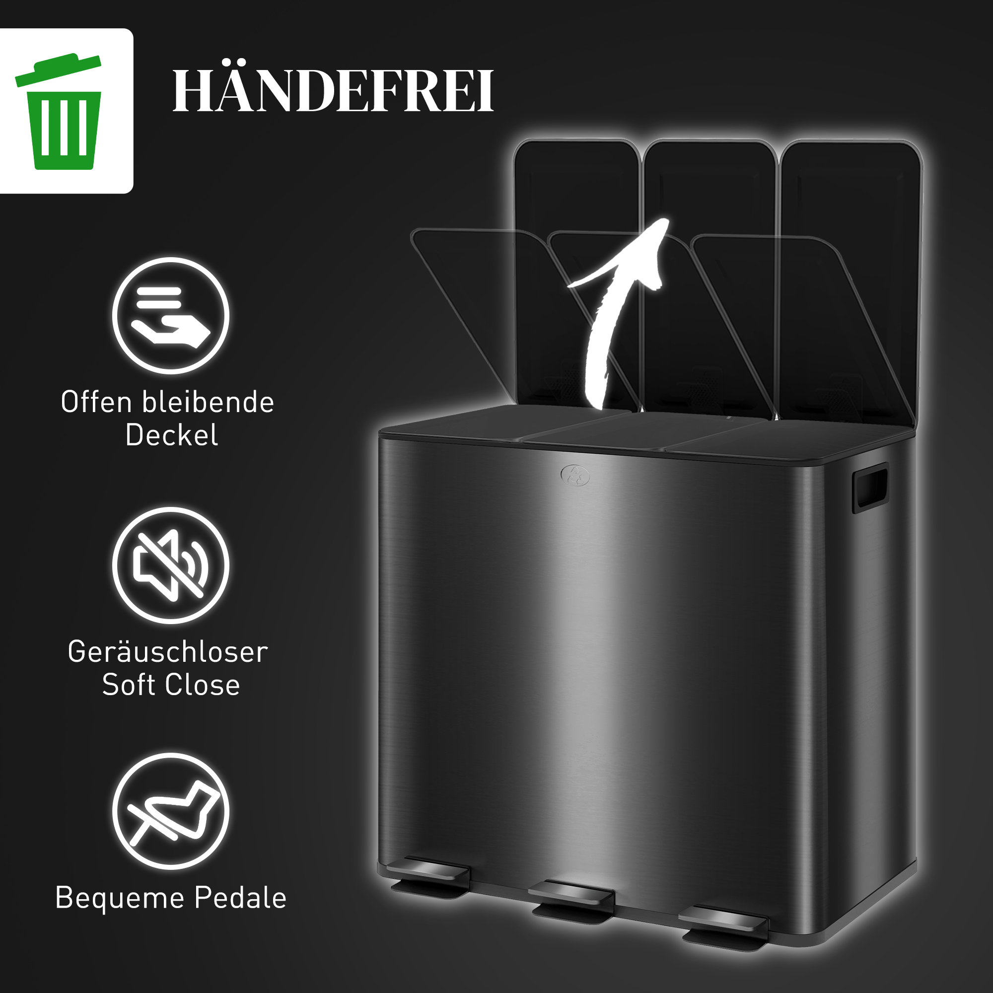 Mülleimer mit 3 x 20 L Fächern, Deodorant-Deckel, fingerabdrucksicher, Soft-Close, herausnehmbar, Schwarz
