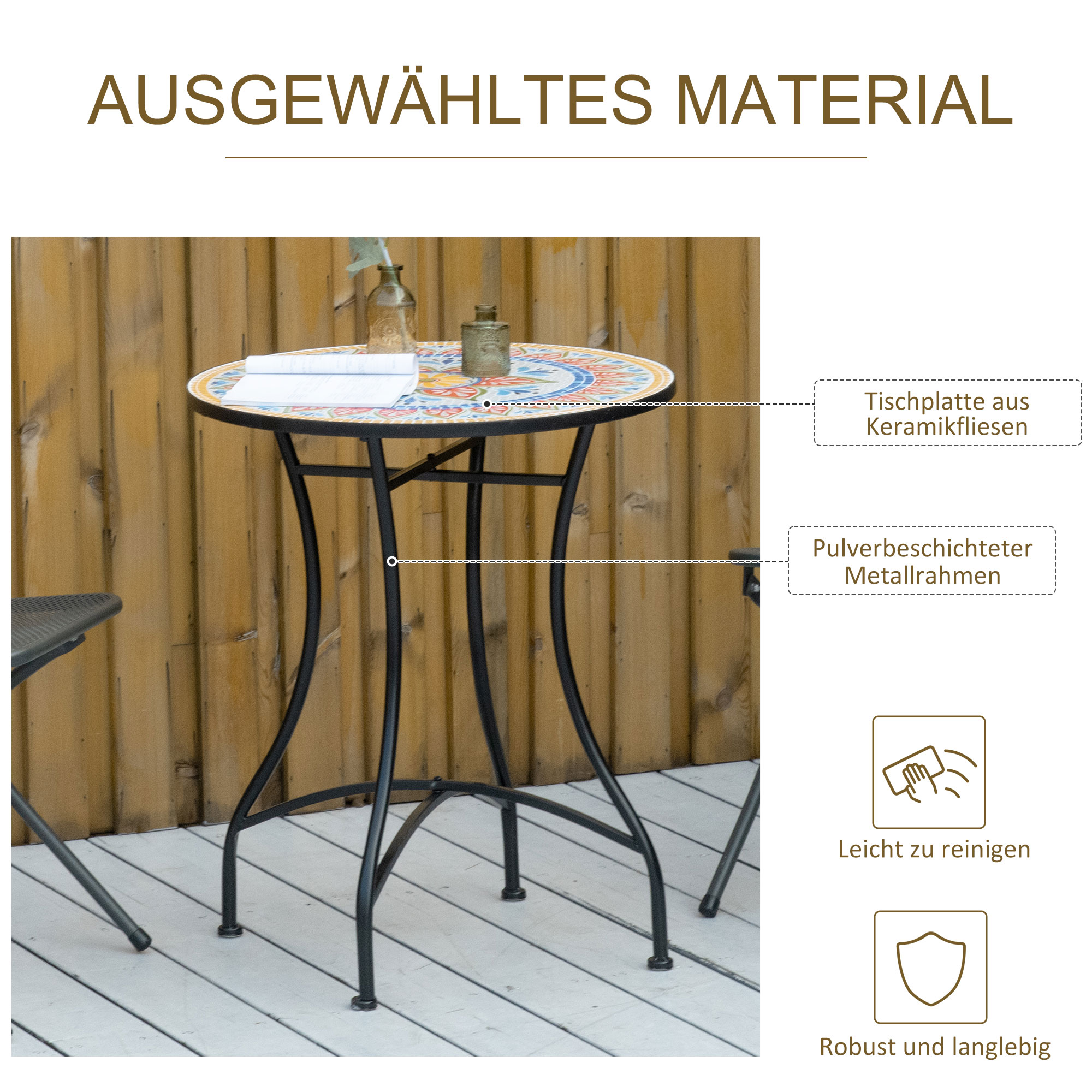 Gartentisch Ø60 cm, Wetterfest Balkontisch aus Metall, Esstisch Outdoor, Campingtisch Beistelltisch, rund Terrassentisch für Garten Terrasse Balkon Rot+Blau+Weiß