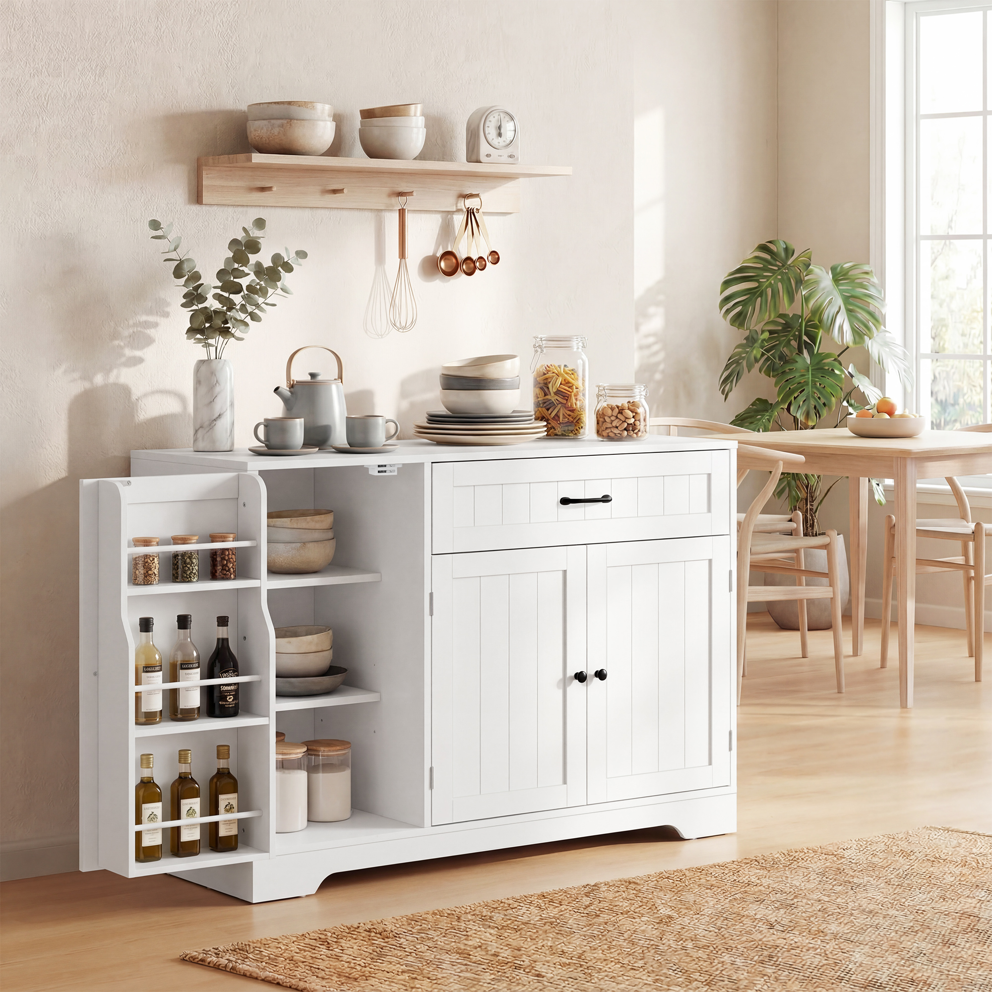 modernes Küchen-Sideboard mit Schublade, verstellbaren Regalen, kleine Küchen-Vorratskammer mit Türfächern, Weiß
