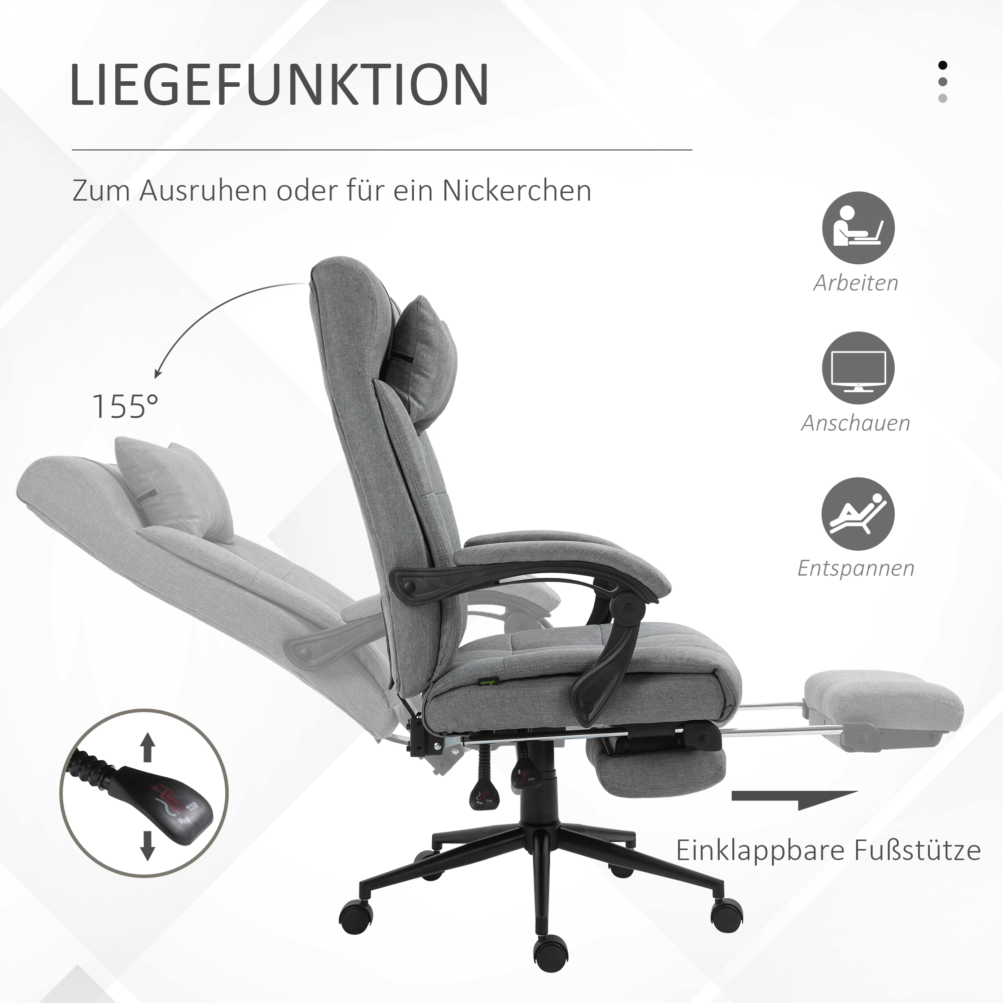 Bürostuhl mit Kopfkissen Armlehne Schreibtischstuhl mit Neigungswinkel Höhenverstellbarer Drehstuhl mit Fußstütze Leinen Schaumstoff PVC Hellgrau 66 x 76 x 112-120 cm
