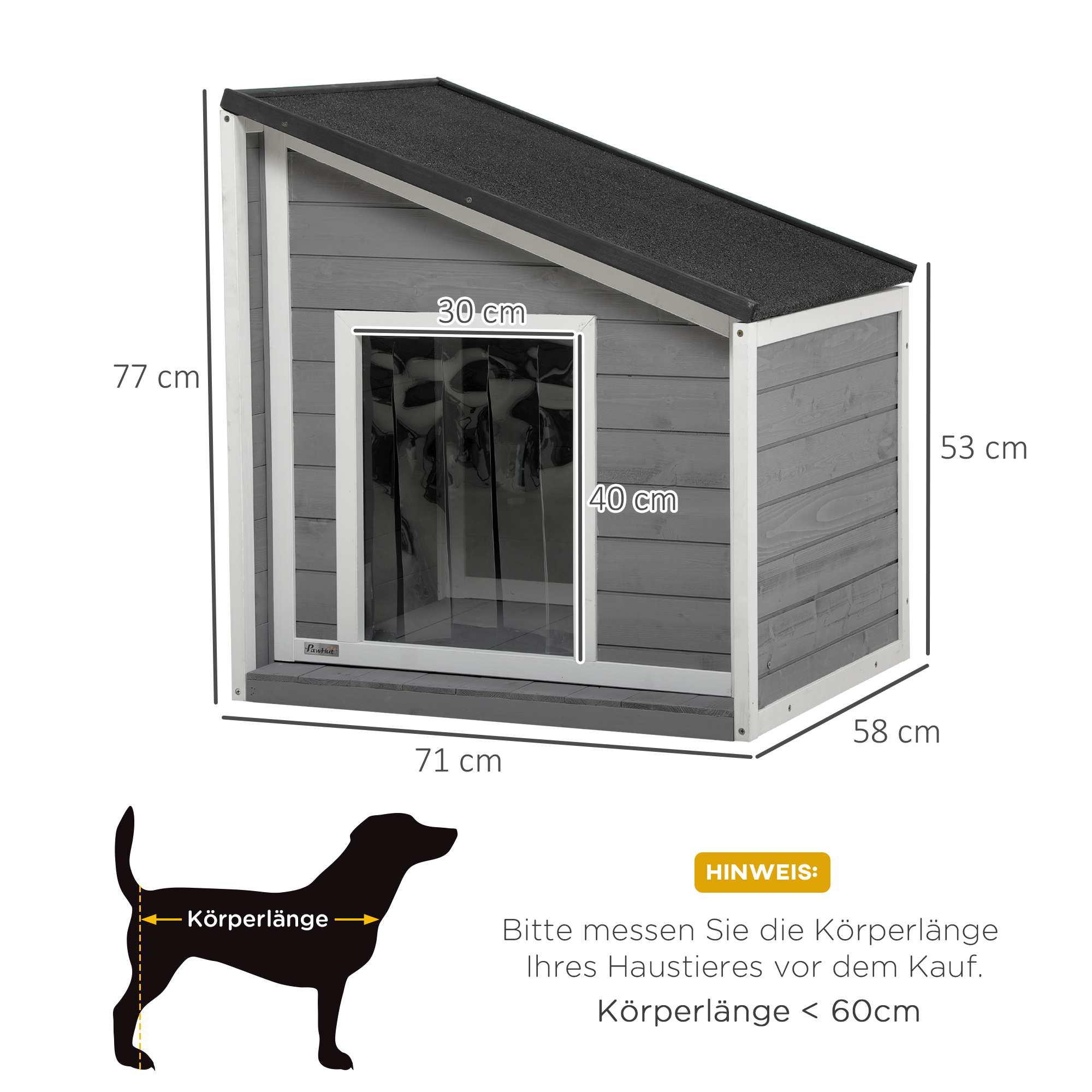 Hundehütte aus Massivholz, wetterbeständig, Asphaltdach, 71 cm x 58 cm x 77 cm, Grau + Weiß