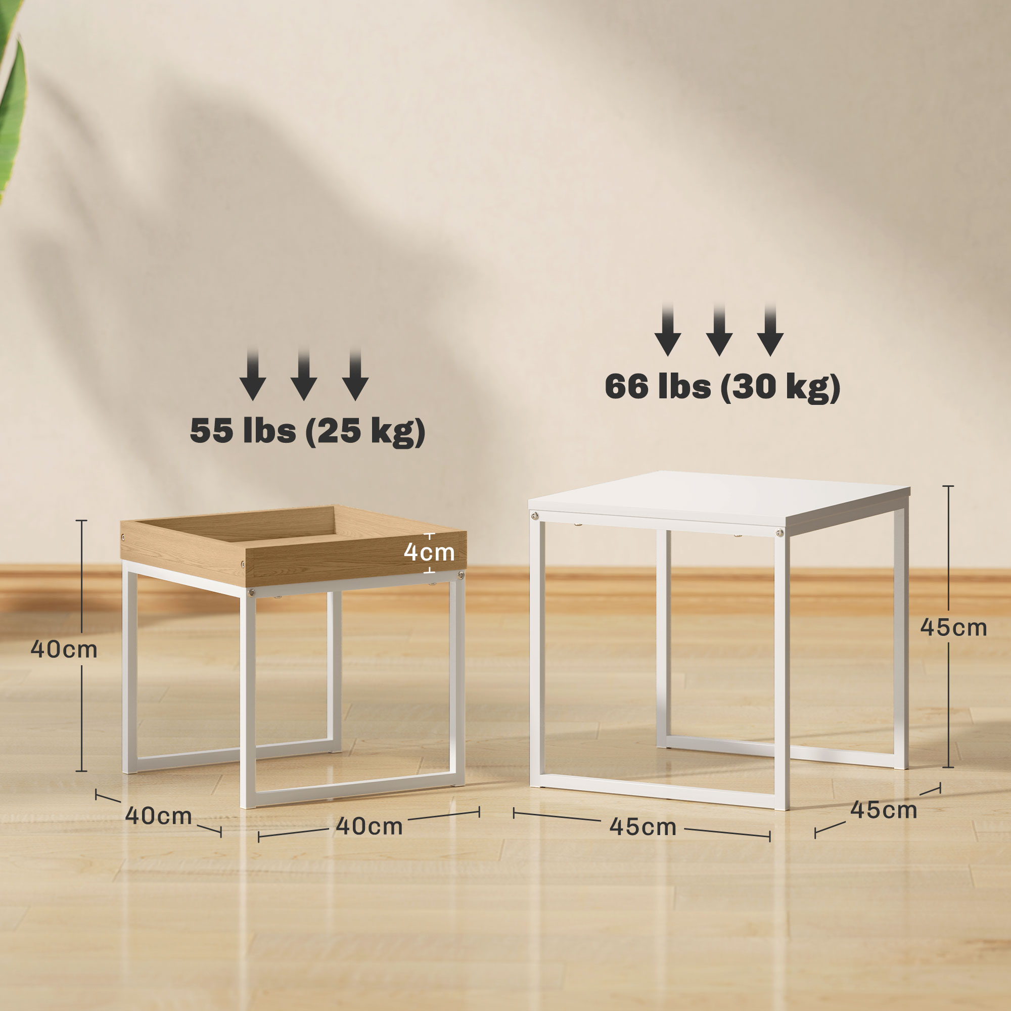 moderner Couchtisch, 2er-Set Sofatisch, für kleine Räume, Quadratisch, MDF, Metall, Weiß