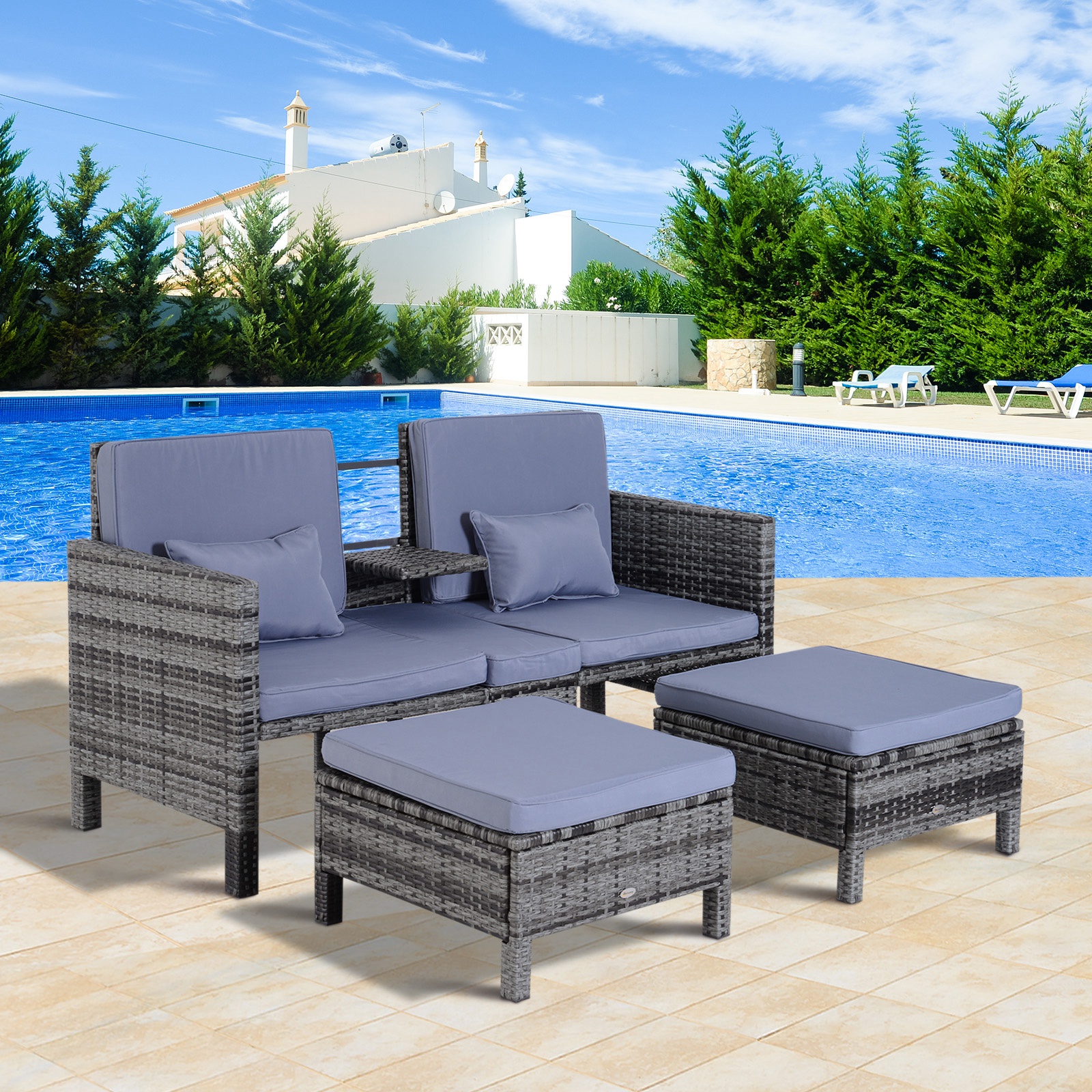 Gartengarnitur, Sitzgruppe, 3-tlg,, Outdoor-Sofa, 2 Hocker, 2-5 Personen, Sitzkissen, Rattanoptik, grau