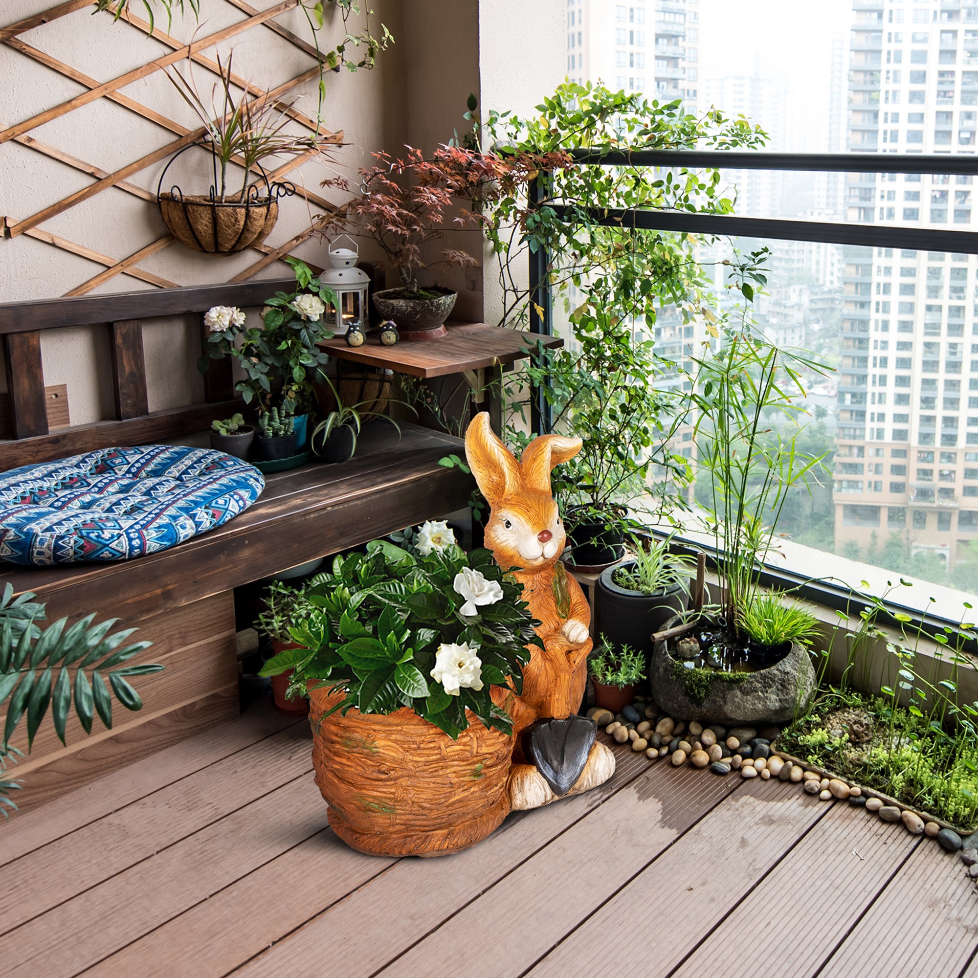 Blumentopf, Hase mit Weidenkorb, wetterfest, 45x27x50cm, Braun