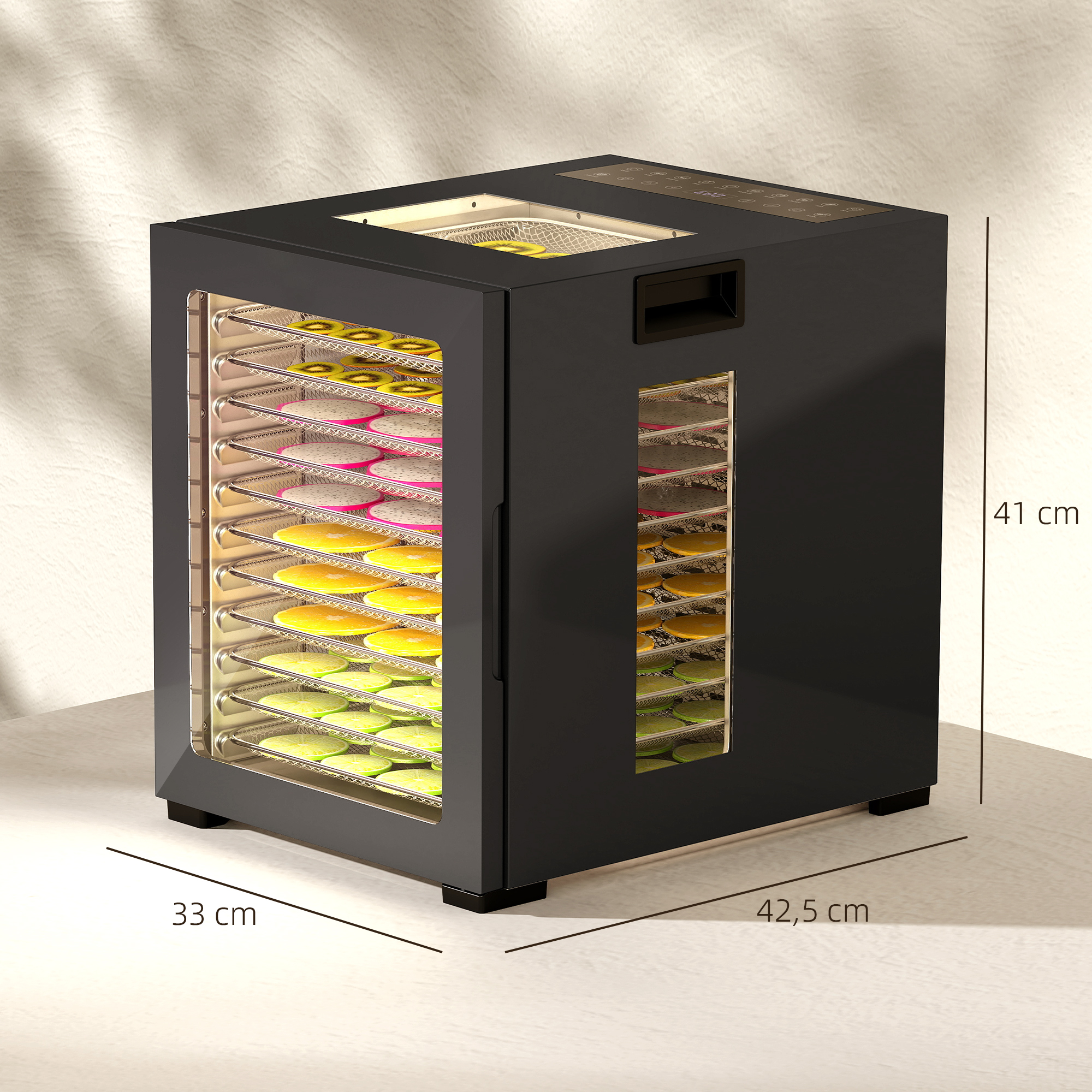 Dörrautomat Dörrgerät, 850 W, 40-70°C Temperaturregler, 48 Std. Timer, 12 Einlegefächer Edelstahl Schwarz