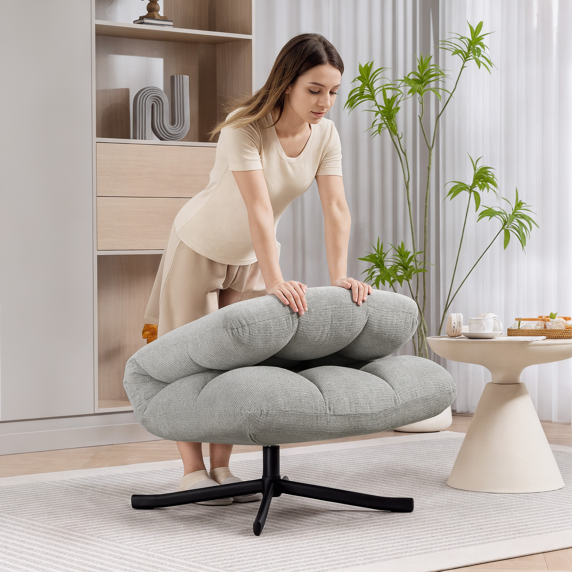 Sessel Drehbar Loungesessel mit Breiter Sitzfläche, wasserabweisend Chenille-Optik, gekreuzt Stahlbeine, Hellgrau