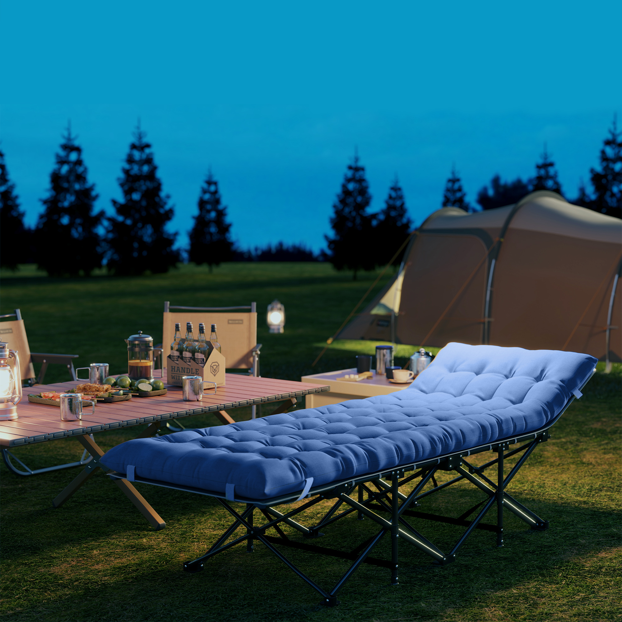 Feldbett faltbar Campingbett mit Matratze Kopfkissen Seitentasche 185 x 68 x 37 cm bis 150 kg Dunkelblau