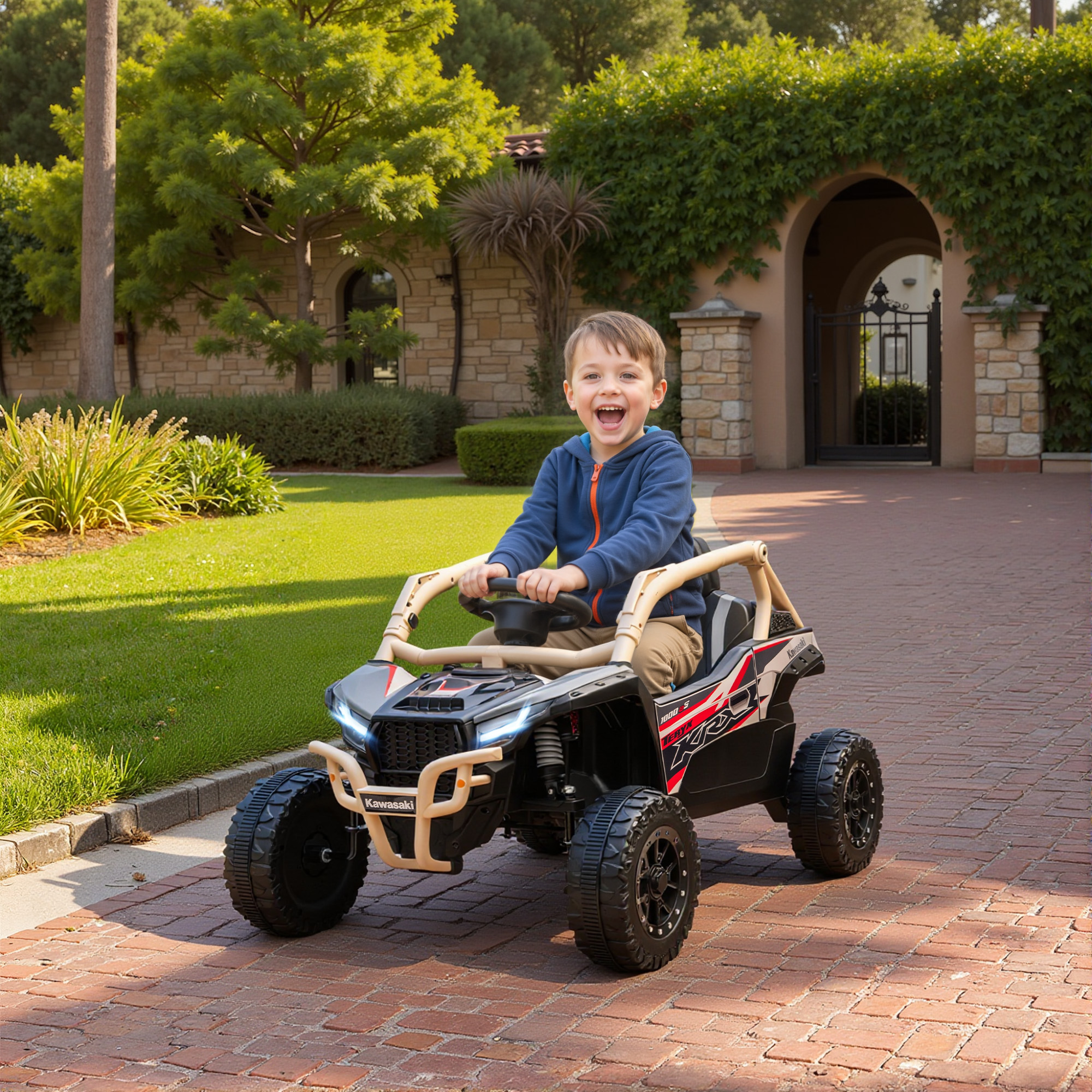 12V Geländefahrzeug für Kinder, Fernbedienung, LED-Lichter, Musik, Hupe, für Kinder von 3-8 Jahren, Gelb