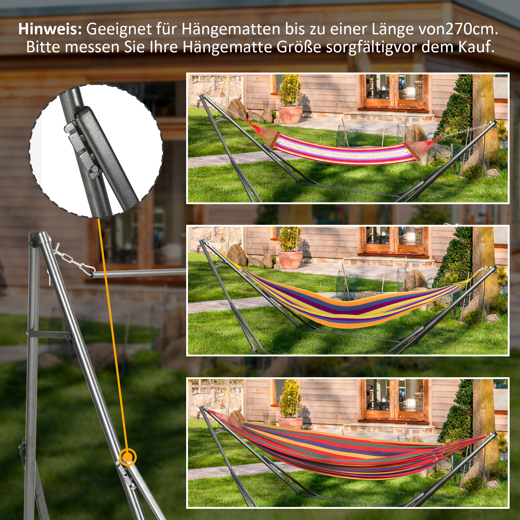 2-in-1 Hängemattenständer, wetterbeständig, Wäscheständer, 290 cm x 92 cm x 88 cm, Schwarz