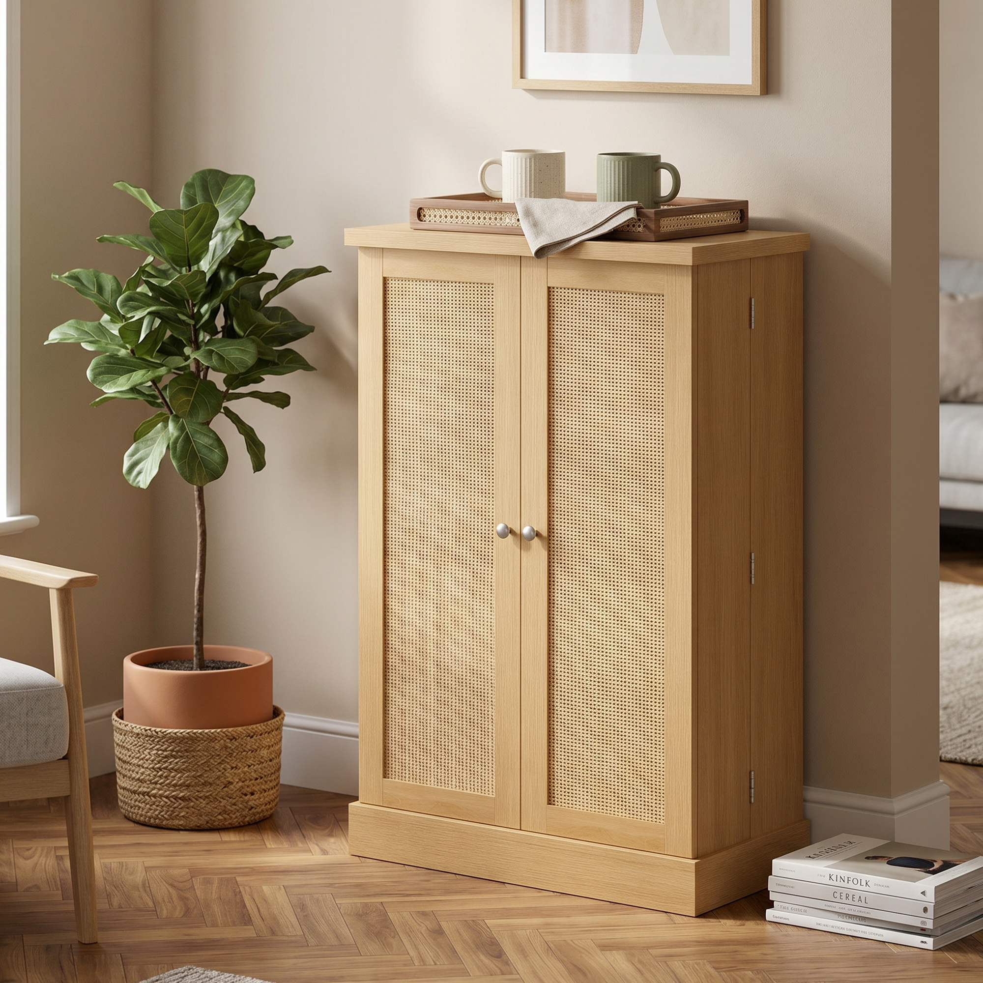 104 cm Rattan-Küchenschrank mit 5-stufigem Regal, 12 Gewürzfächern und verstellbaren Böden, Natur