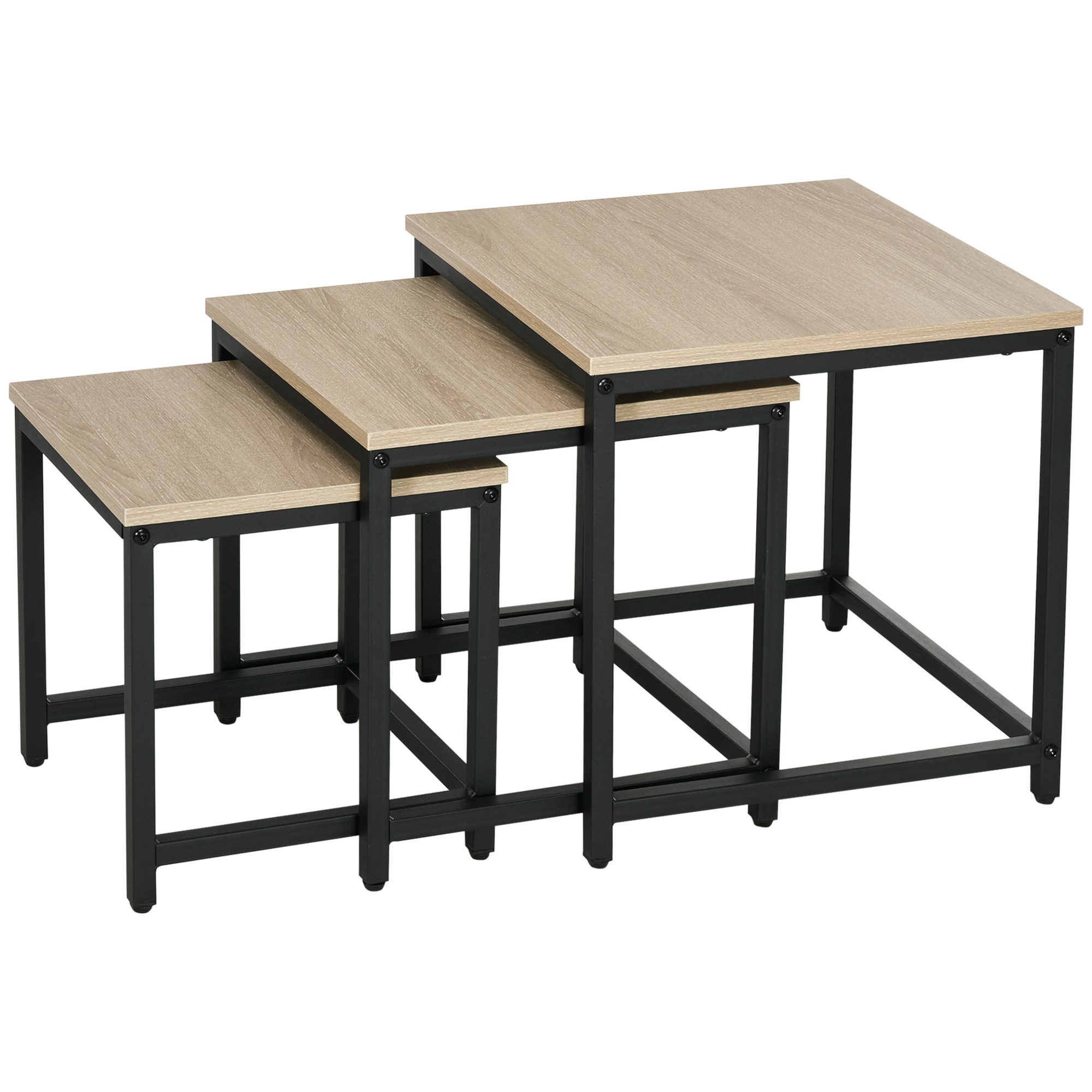 Satztisch-Set aus 3 Beistelltischen, Industrial Design, schwarzer Stahlrahmen, Tischplatte in Holzoptik Satztisch-Set aus 3 Beistelltischen, Industrial Design, schwarzer Stahlrahmen, Tischplatte in Holzoptik