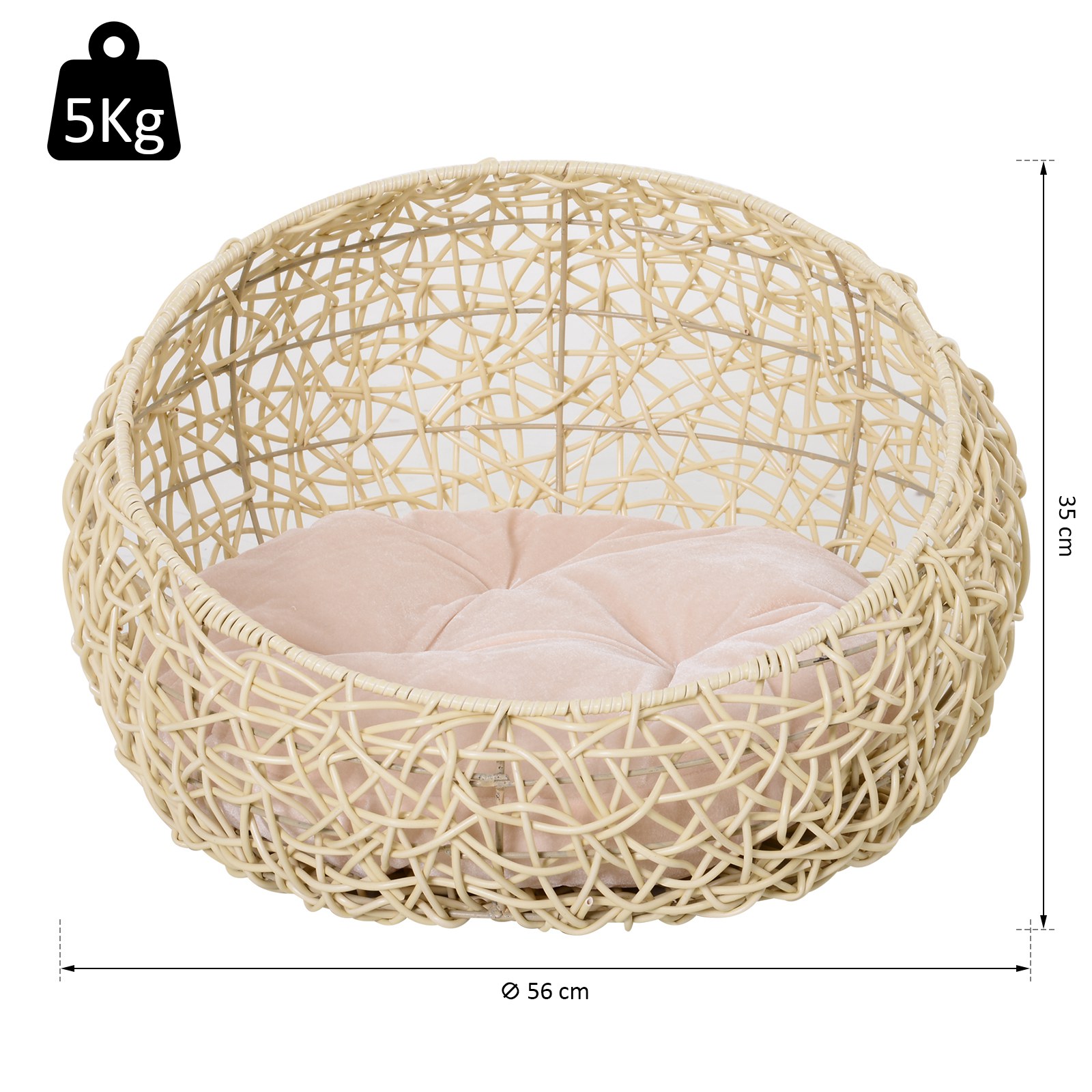 Rattan Katzenhöhle Katzenbett Katzenhaus mit Kissen Katzenzelt Haustierhaus für Katzen Hunde Beige Ø56 x 35 cm