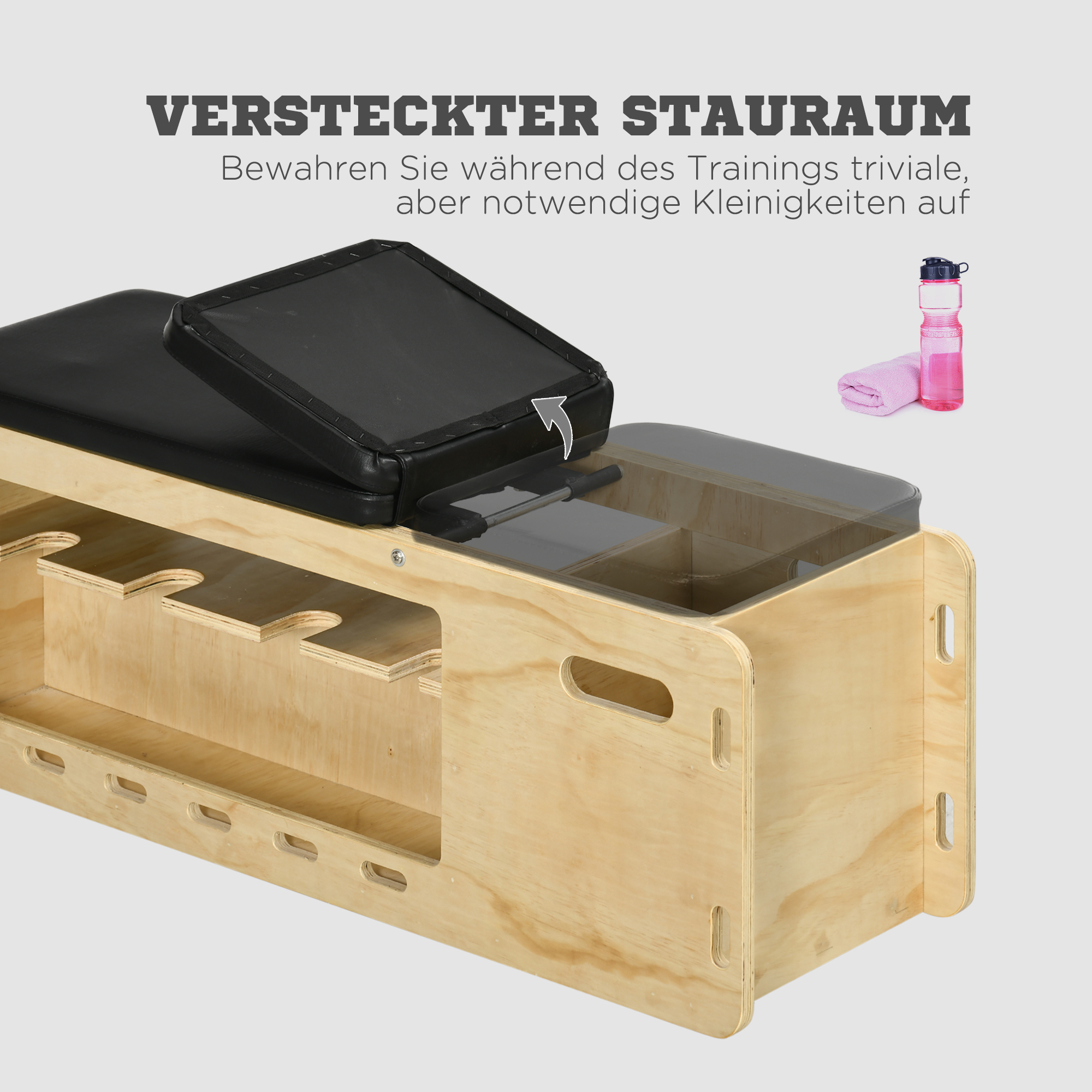 Hantelbank mit Hantelablage, 1 Aufbewahrungskorb, in 6 Positionen verstellbar, Massivholz, Natur + Schwarz