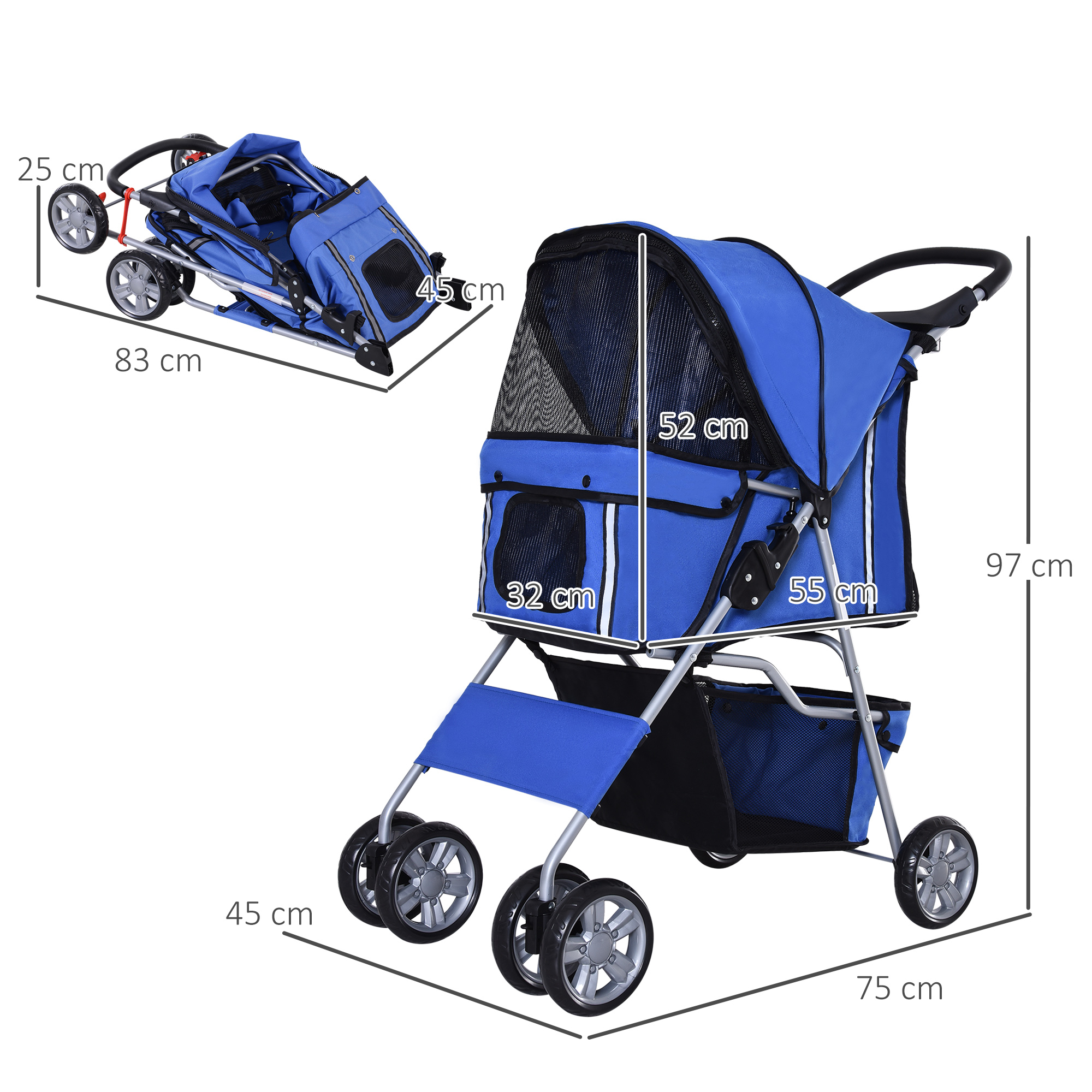 Hundewagen bis 10kg klappbar verstellbares Vordach 2 Becherhalter Bodenkorb Blau