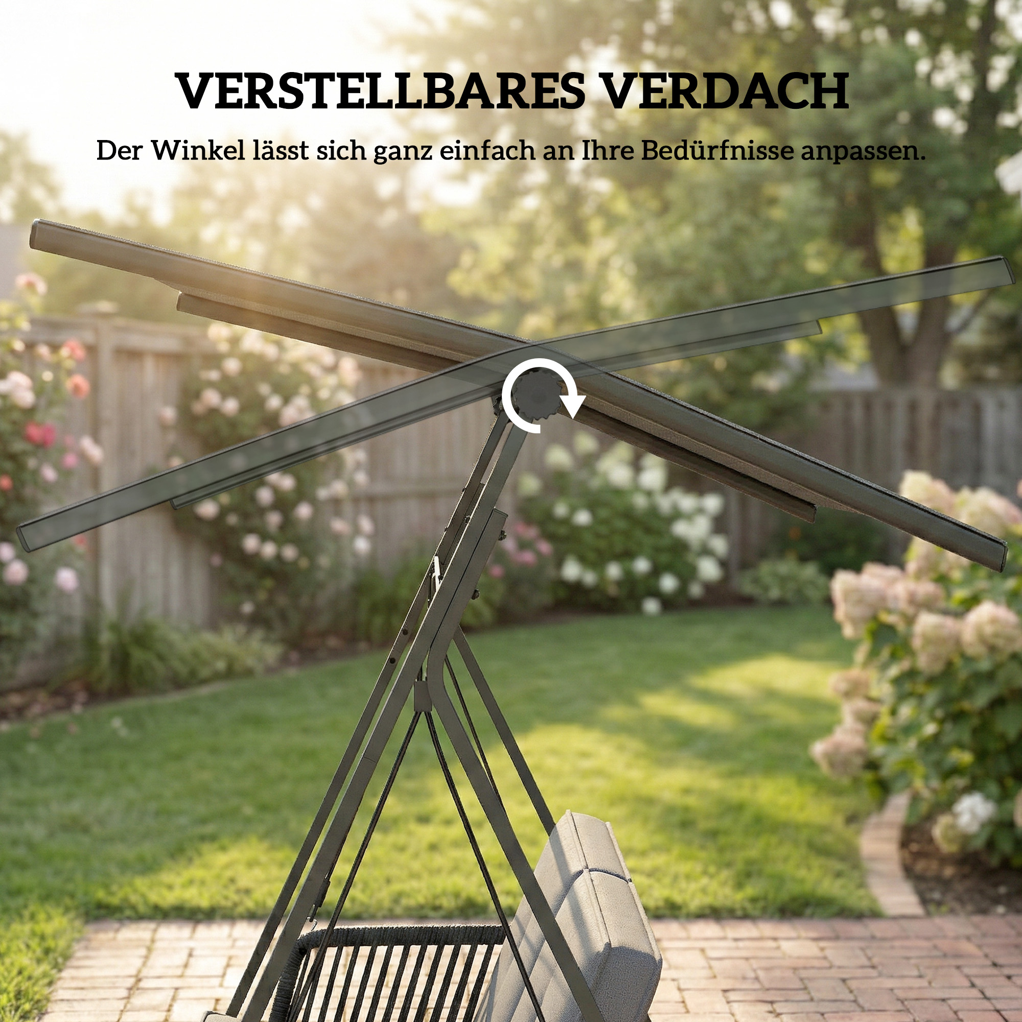 Hollywoodschaukel Rattan 2-Sitzer Gartenschaukel mit Verstellbarem Sonnendach weichem Kissen A-Rahmen